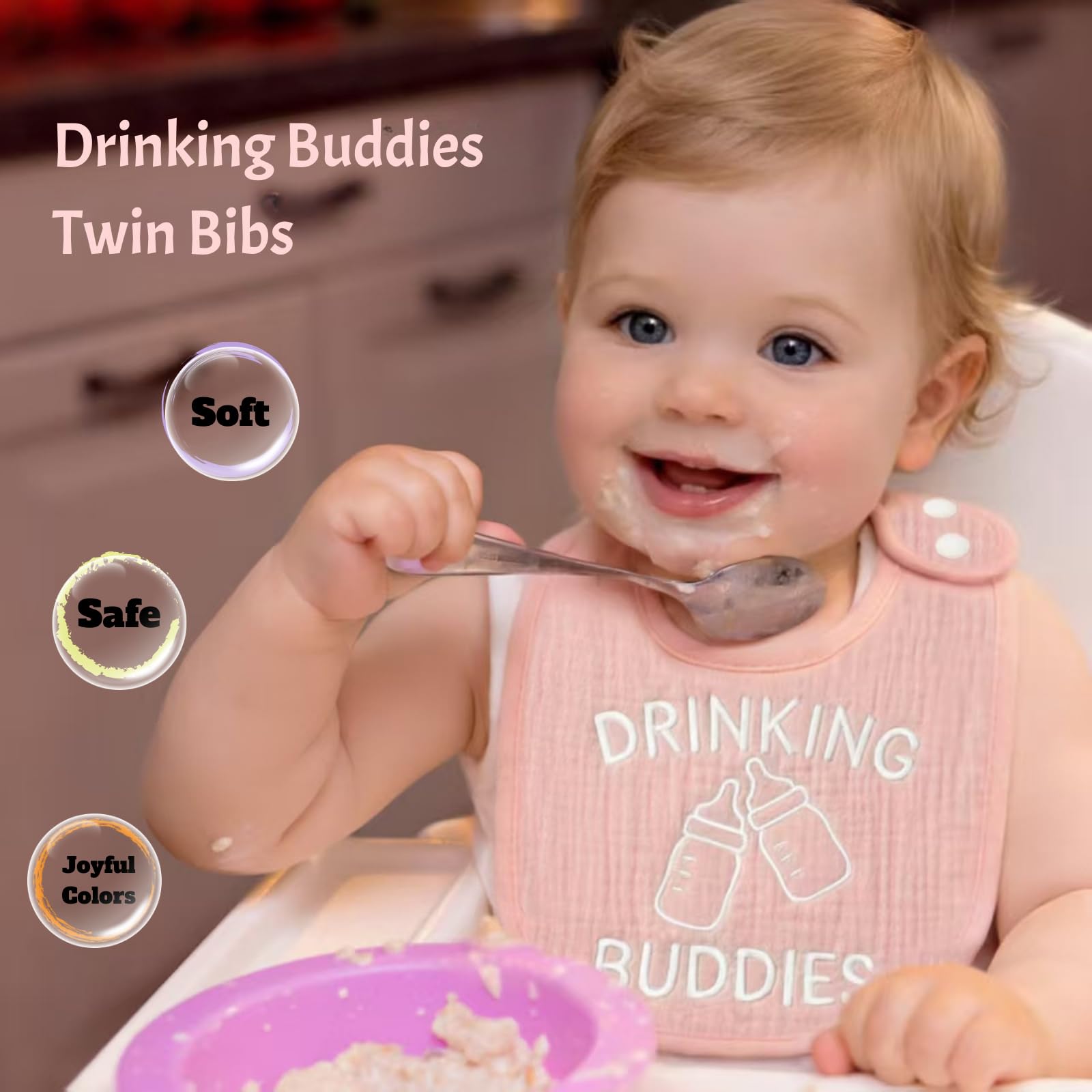 Twin Bibs – Ultra-Soft Cotton Yarn Twin Baby Bibs - 'Drinking Buddies' Design, High Absorbency, Perfect Infant Gift
