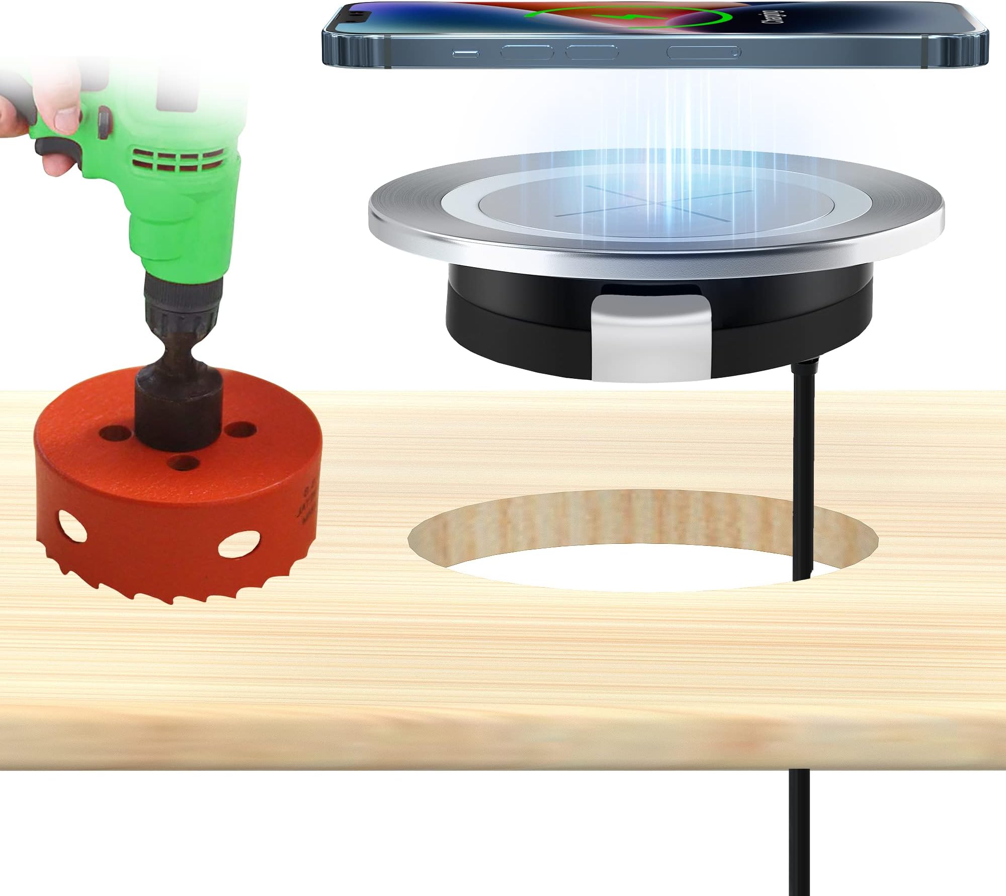 Desk Wireless Charger with 60mm Hole Saw Drill Bit