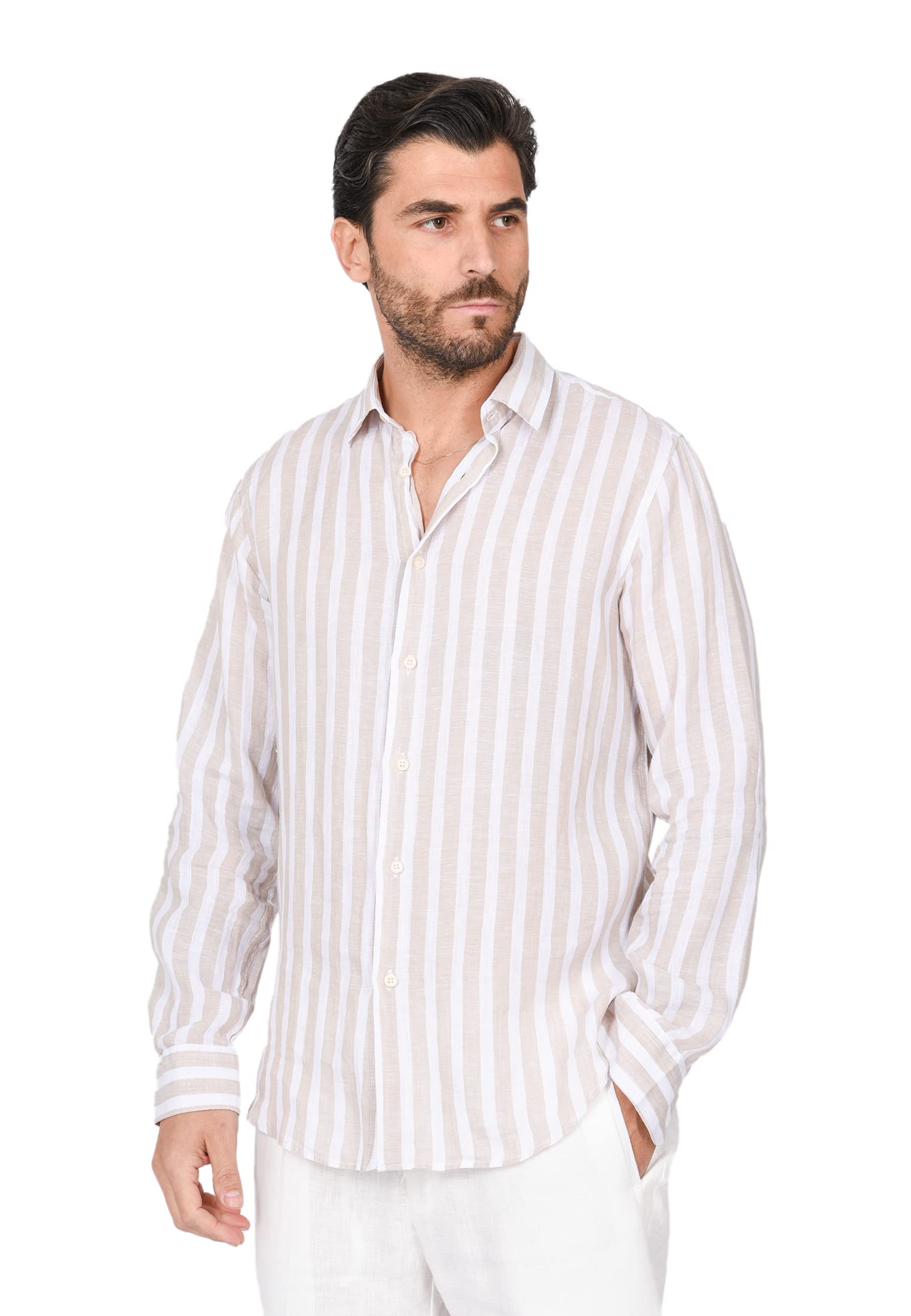 Camisa de hombre elegante 100% lino Camisas de manga larga a rayas Casual Slim Fit
