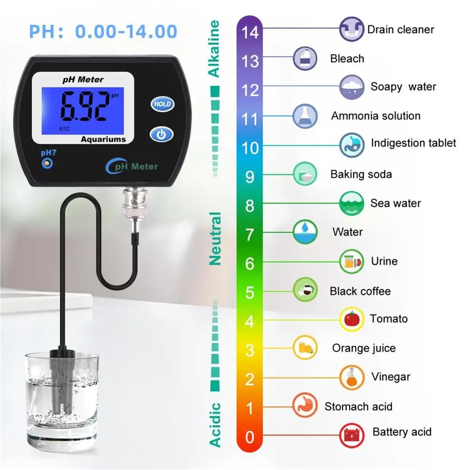 Misuratore PH, Misuratore di pH portatile, penna digitale precisa PH-990, tascabile, for acquario, vino, urina, test del pH LCD con ampio schermo