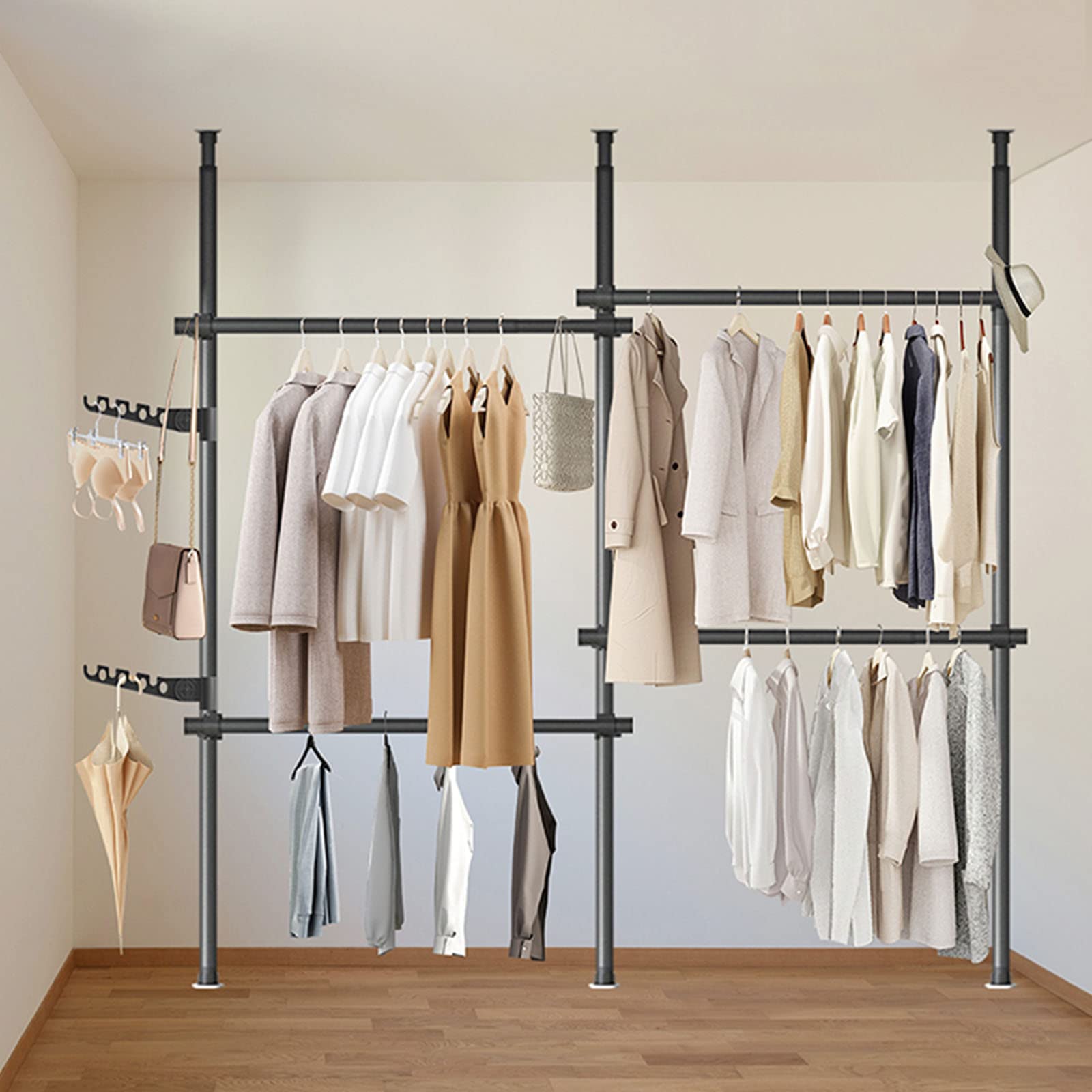 Riel para Ropa Teles de Alta Resistencia, Colgador de Piso, Tendedero Ajustable, Sistema de Organización de Armario, Riel para Ropa Multifuncional para Hotel/Balcón/Dormitorio/Negro/310 * 220 Cm
