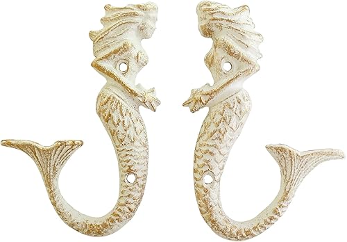 Juego de 2 ganchos decorativos de pared de hierro fundido de sirena, temática de playa y océano, decoración de pared rústica vintage (blanco,