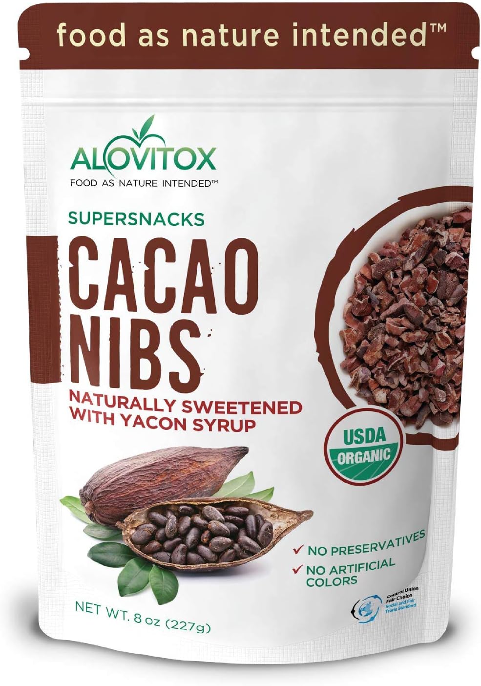 Cacao Nibs Naturally Sweetened with Yacon Syrup | Raw,Organic, Sugar Free, Keto, Paleo and Vegan Friendly | Antioxidant and Protein Rich Criollo Chocolate Snack by Alovitox | 20 oz