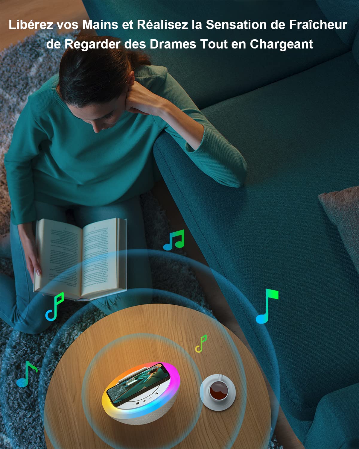 Enceinte Bluetooth Veilleuses, Lampe de Chevet avec Chargeur Sans Fil, Meilleures Idées Festival Cadeau Pour Fille, Garcon, Papa, Maman (Charge sans fil 5 W), Blanc