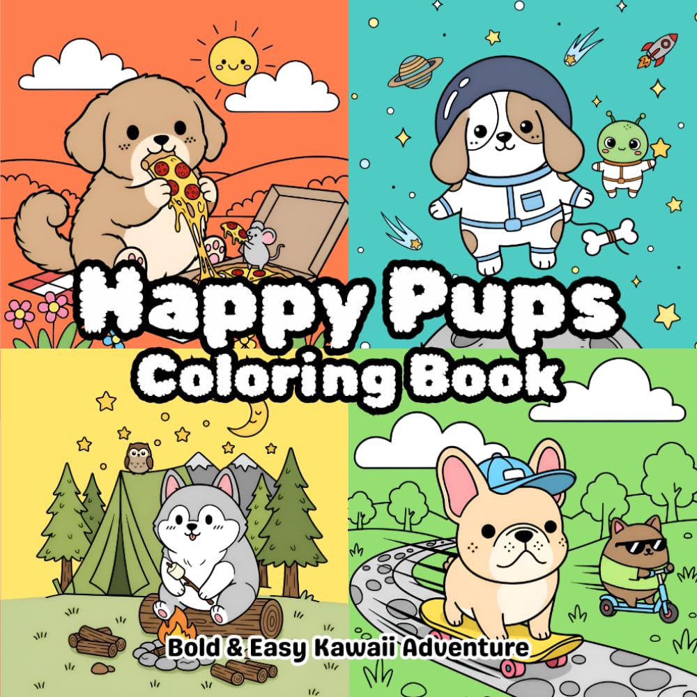 Happy Pups Coloring Book: Bold & Easy Kawaii Adventure: 40 Simple and Cozy Doodle Designs for Kids, Teens & Adults