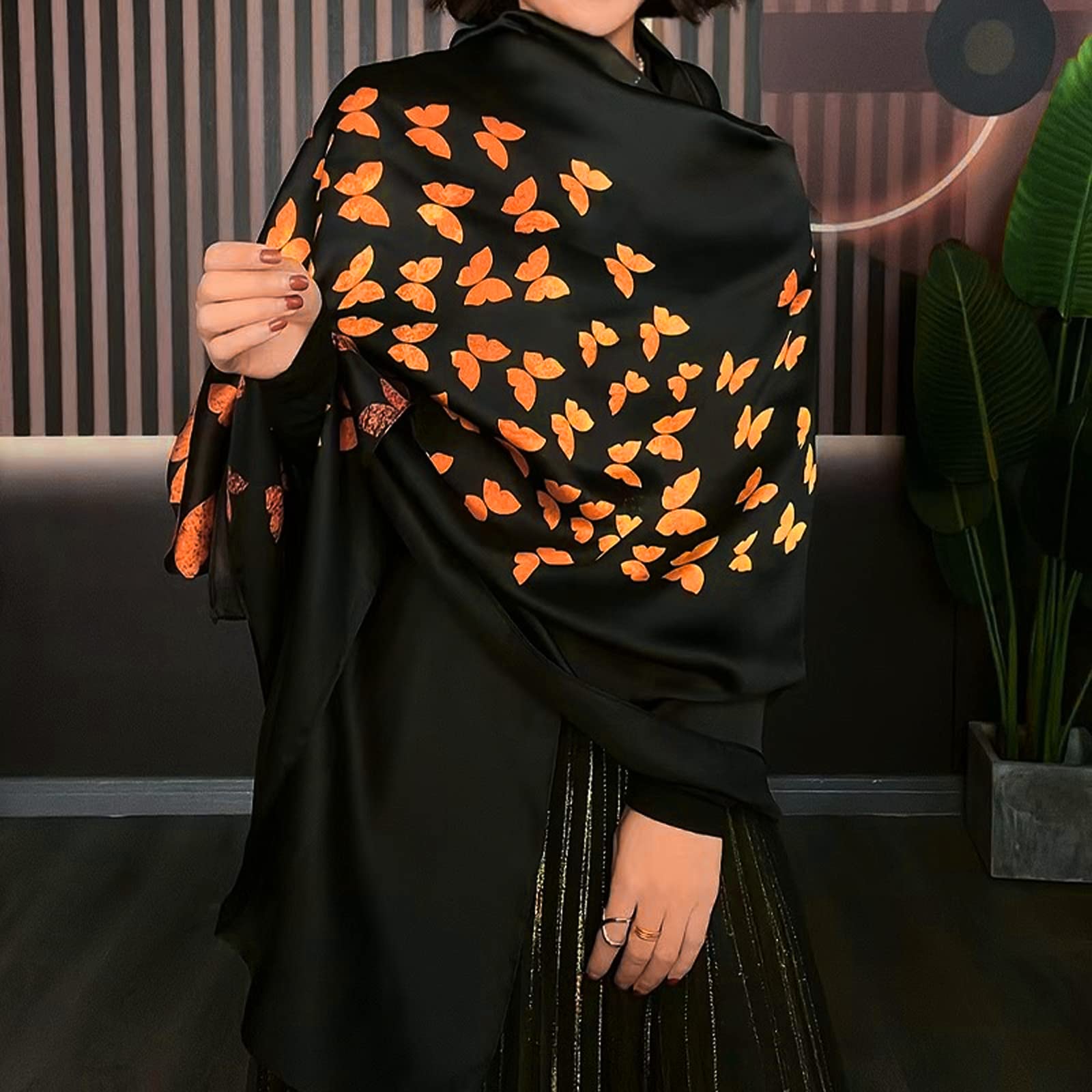 szal, Jedwabny szal, jedwabny szalik damski kwiatowy nadruk w liście moda elegancki styl długi miękki ciepły Wrap przeciwsłoneczny cały sezon