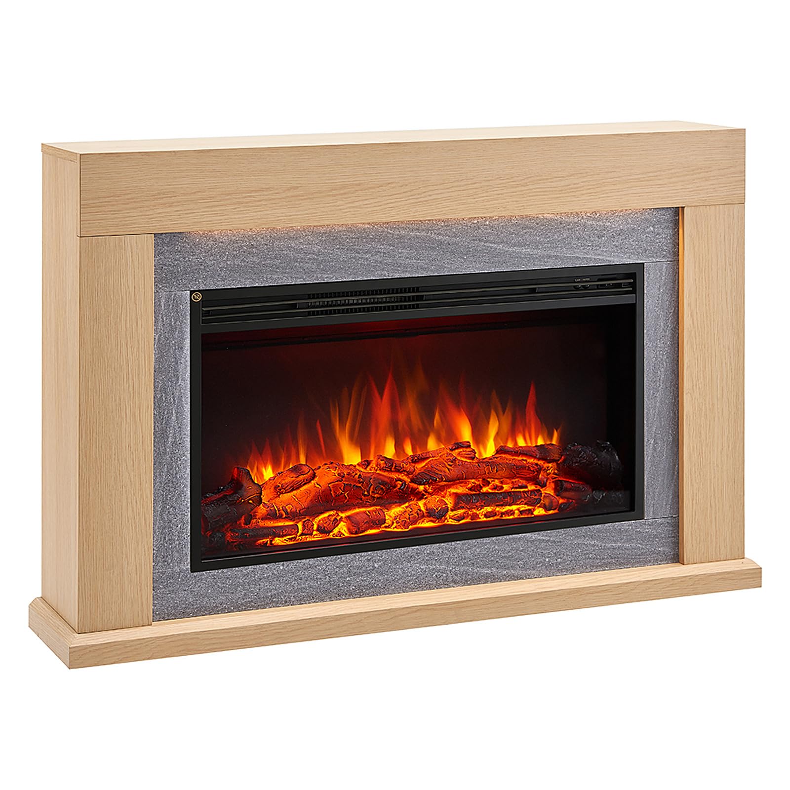 FLAMME 47 inch Electric Fire and Surround Suite, Madura Natural Oak | 2kW Heater (1000W/2000W), 5 Brightness Levels, 13 Mood Lights, Remote Control, 7-Day Timer, Plug In, No Chimney Needed