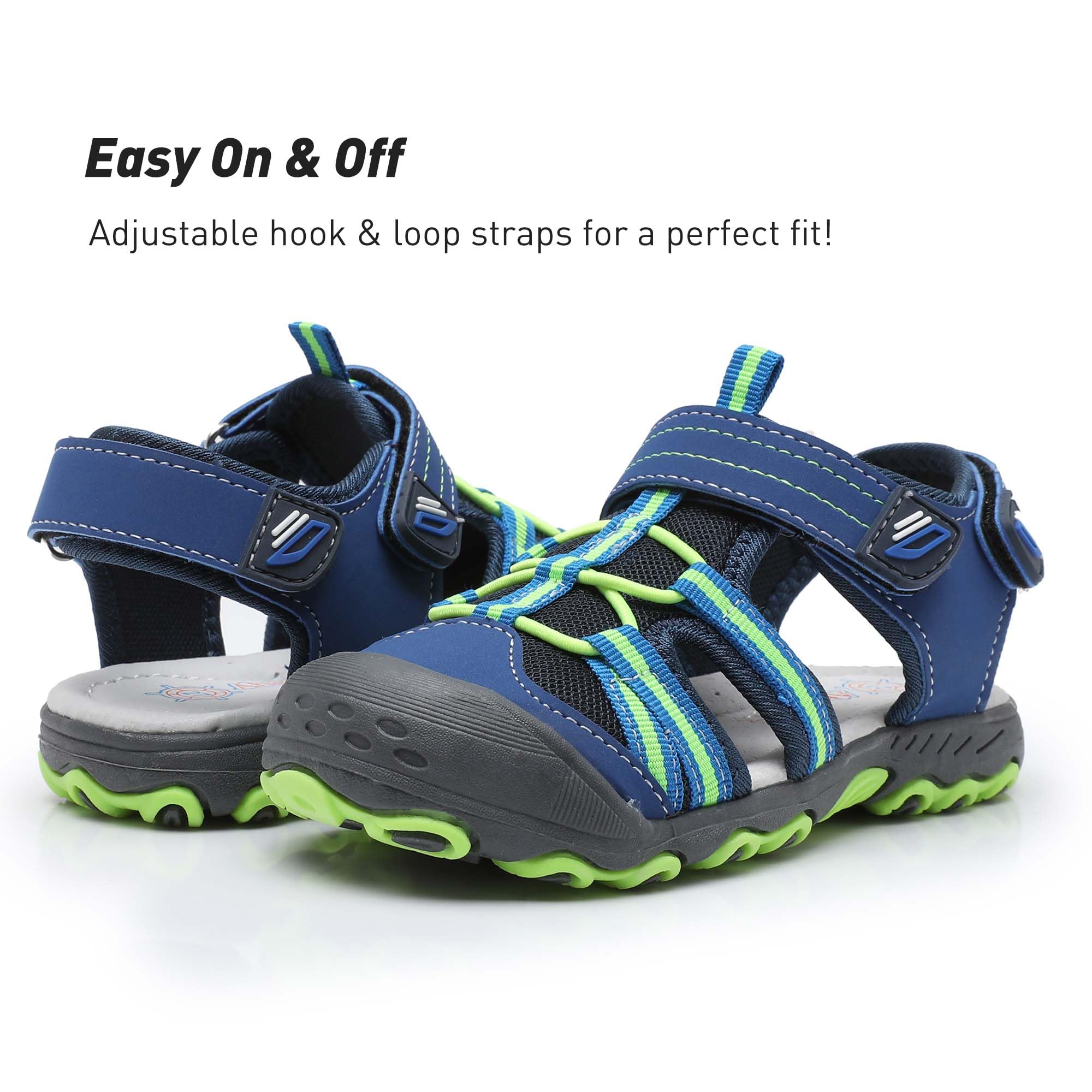 Ahannie Sandalias deportivas al aire libre para niños pequeños/pequeños con puntera cerrada verano sandalias de playa, (Azul Marino/Verde), 28 EU