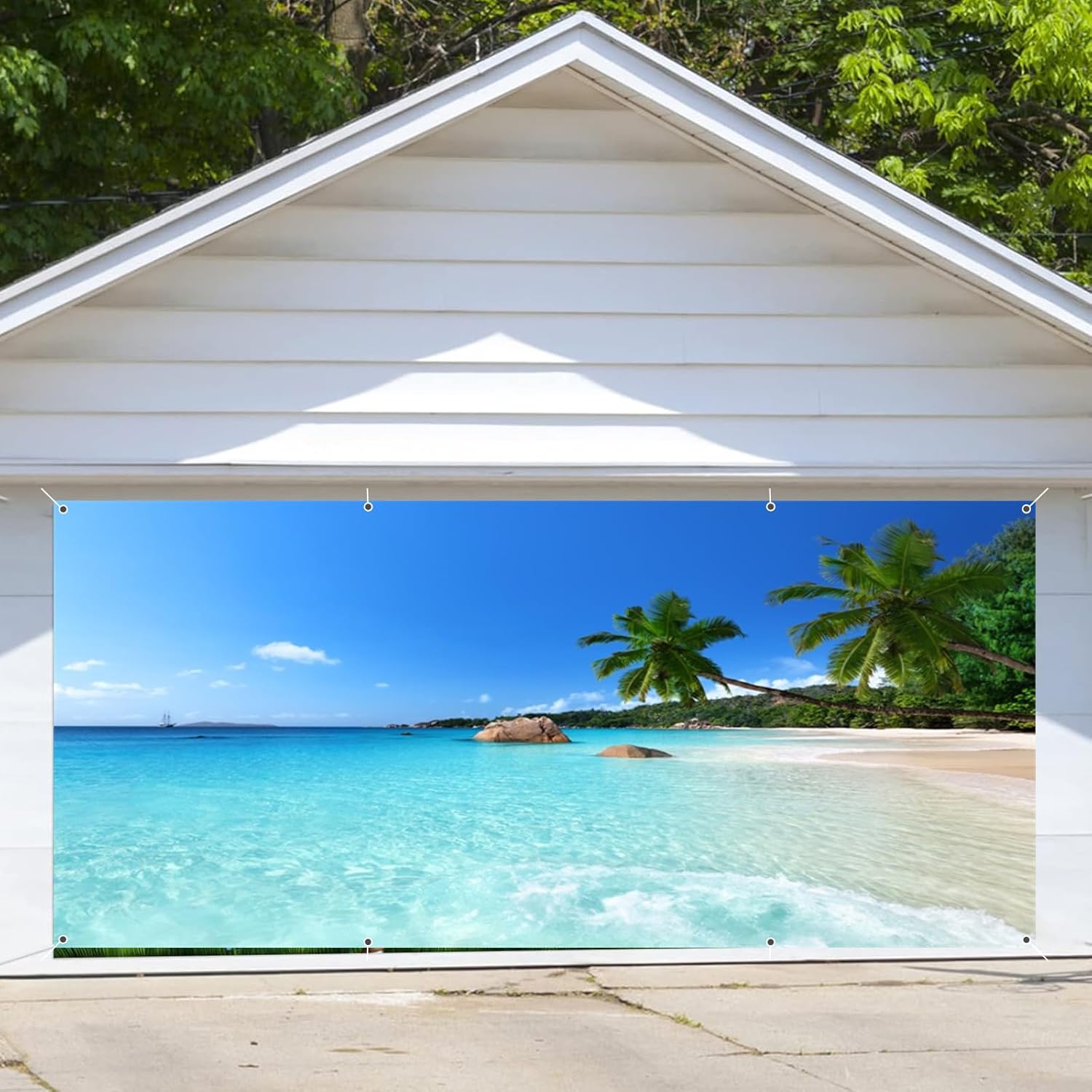Leowefowa Summer Hawaiian Island Landscape Garage Door Decorations Banner 6x13ft Hawaiian Luau Beach Garage Door Cover with Grommets for Holiday Indoor Outdoor Large Background
