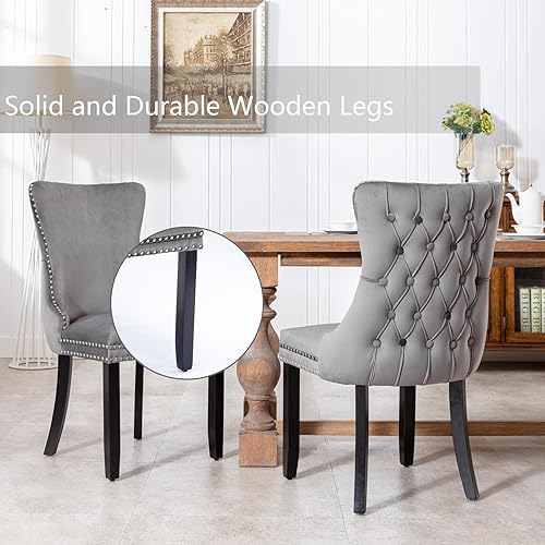 Miniatura 21 de Juego de 4 sillas de comedor de terciopelo negro, sillas de comedor tapizadas con respaldo copetudo con patas de madera maciza, sillas de comedor