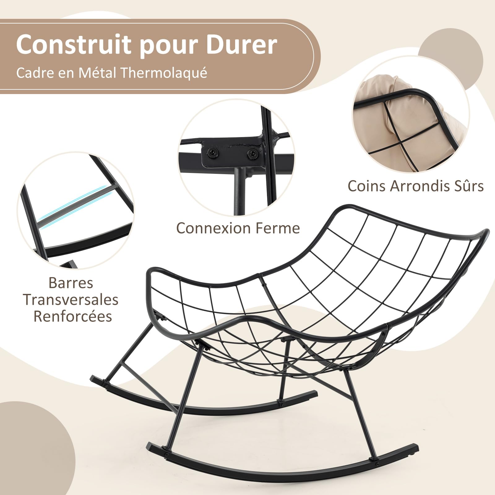 RELAX4LIFE Fauteuil à Bascule de Jardin, Chaise Papasan avec Coussin et Cadre en Métal pour Intérieur et Extérieur, Charge 205KG pour Chambre Salon Porche Jardin Terrasse (Beige)