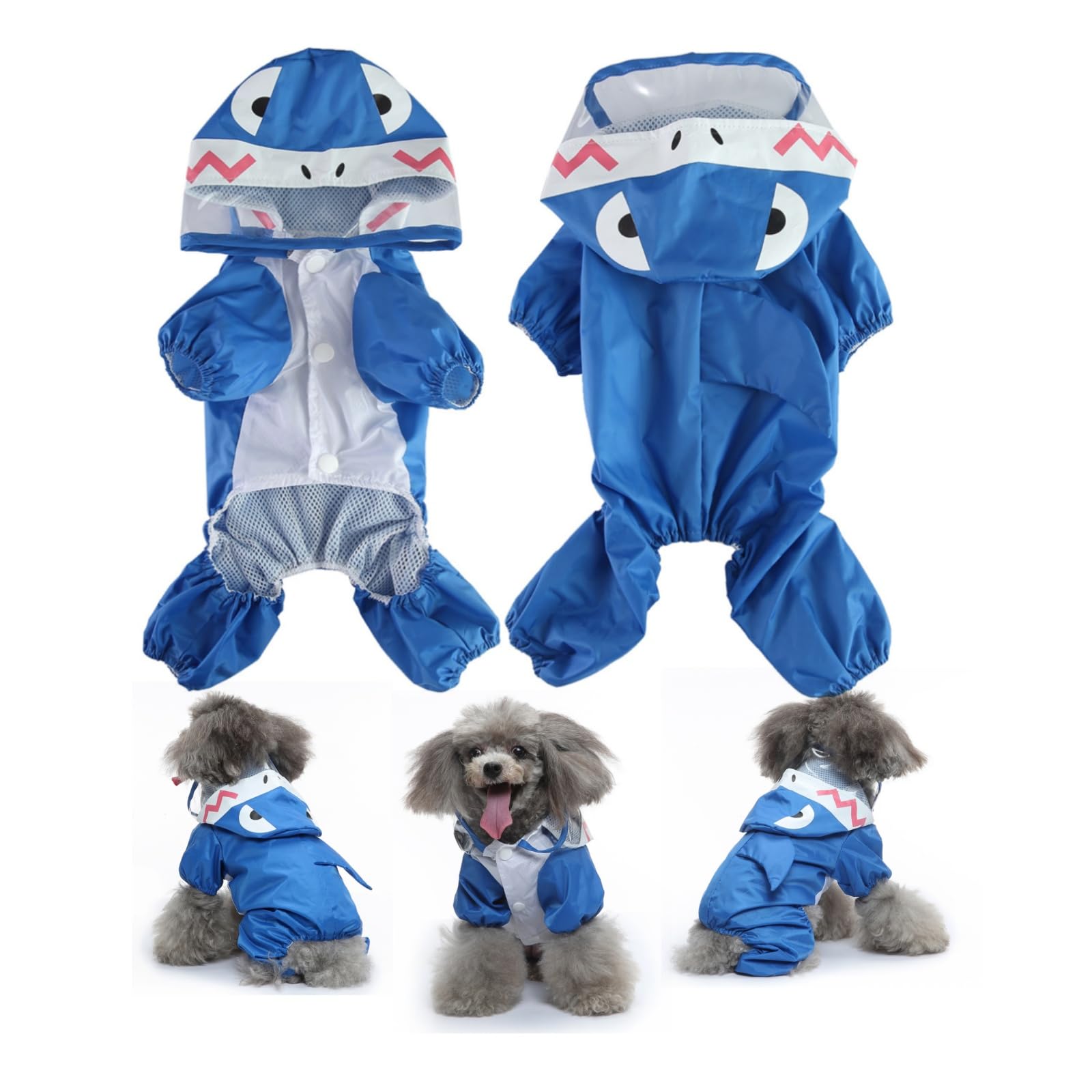Dog Raincoat with Hood, Waterproof & Windproof Rain Jacket for Small Dogs Boy Girl, Packable, Adjustable, Funny Animal Pattern Raincoats with Legs 1.5kg to 8kg Available (Blue,M)