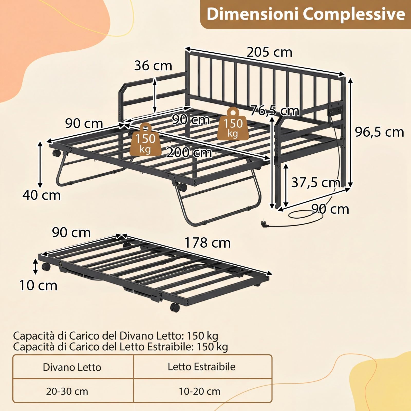COSTWAY Letto Estraibile, Divano Letto Singolo con Luci LED e Stazione di Ricarica, Lettino Matrimoniale con Struttura in Metallo, 2 Pz 90x200 cm, per Soggiorno e Camera da Letto (Nero)