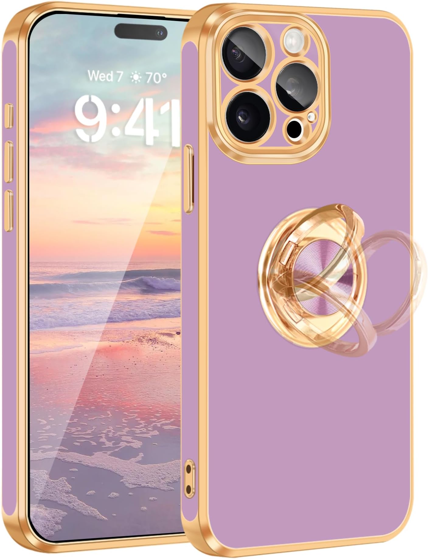Fingic iPhone 15 Pro Case[with 360°Rotatable Ring Holder Stand][Support Magnetic Car Mount][Shiny Plating Gold] Slim Thin Soft TPU Shockproof Protective Case for iPhone 15 Pro for Women Men Boy,Purple