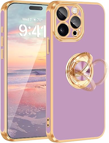 Miniatura 1 de Fingic Funda para iPhone 15 Pro con soporte de anillo giratorio de 360 soporte magnético para automóvil chapado en oro brillante Funda protectora