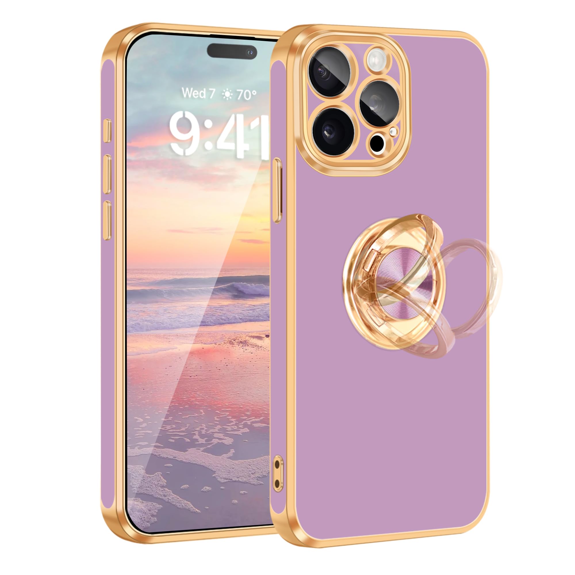 Fingic iPhone 15 Pro Case[with 360°Rotatable Ring Holder Stand][Support Magnetic Car Mount][Shiny Plating Gold] Slim Thin Soft TPU Shockproof Protective Case for iPhone 15 Pro for Women Men Boy,Purple
