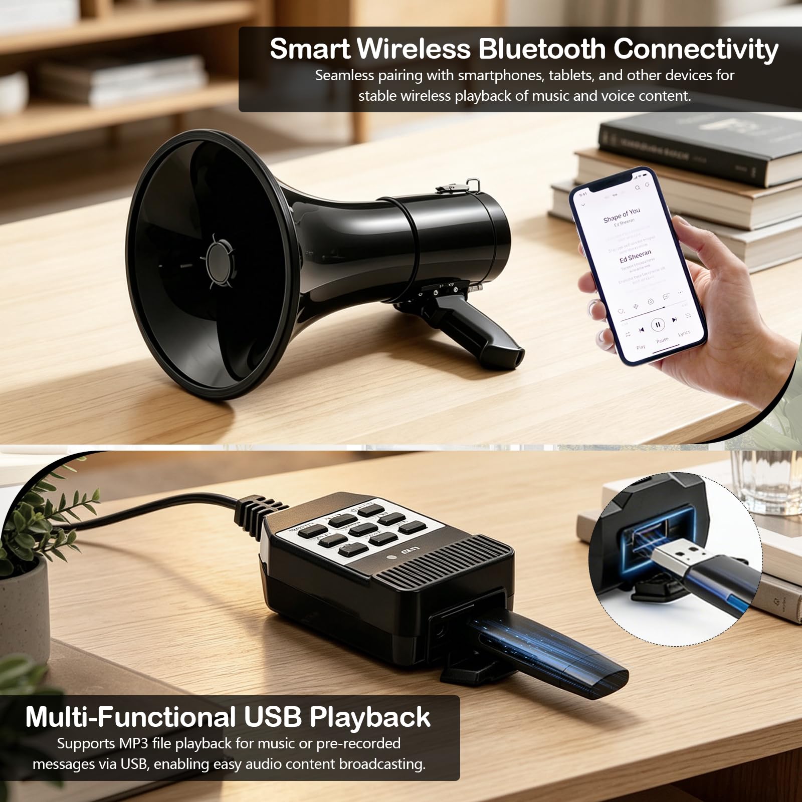 Megáfono 100W Bluetooth con Grabación, Triple Alimentación, 2 Baterías, Alcance 2000m, Sirena, Micrófono Externo, USB, Correa
