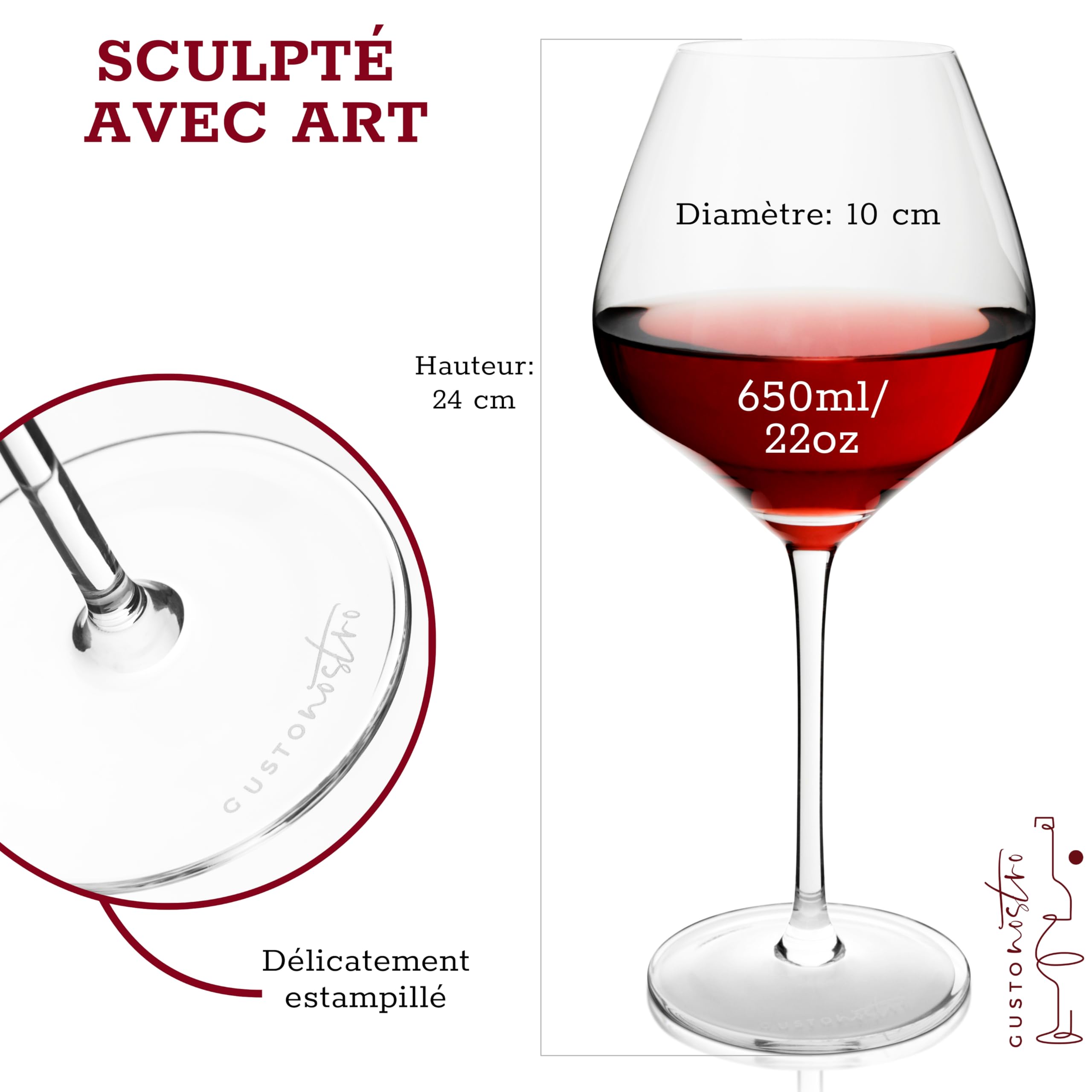 Gusto Nostro Ensemble de 6 Verres à Vin – Verre à Vin en Cristal de Grande Contenance – Lavables au Lave-Vaisselle, Élégants et Fins pour les Mariages et les Fêtes
