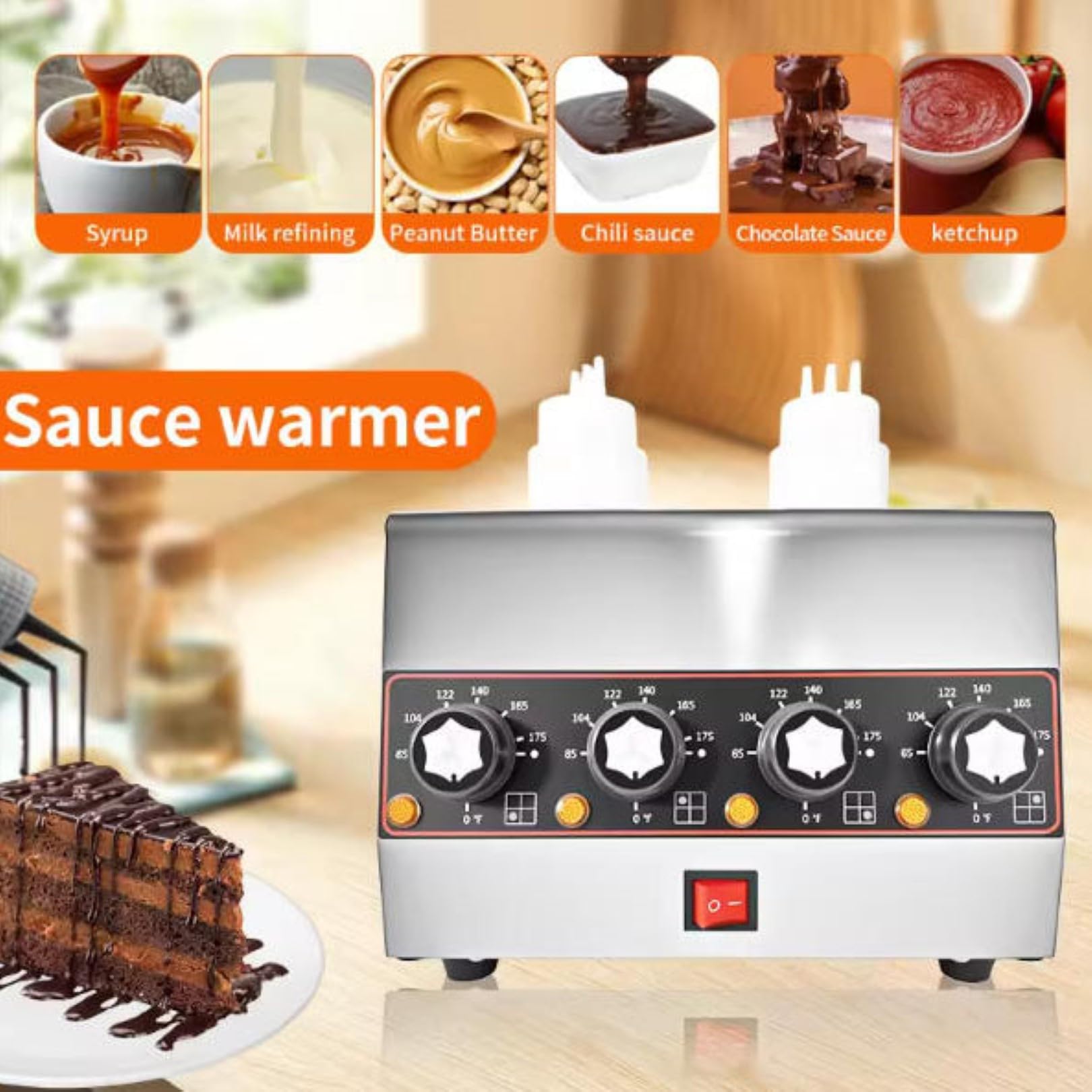 Dispensador Comercial de Calentador de Salsas, Calentador de Mostrador de Acero Inoxidable de 640W con 4 Botellas Exprimibles de 650Ml para Queso Nacho, Fudge Caliente y Salsa