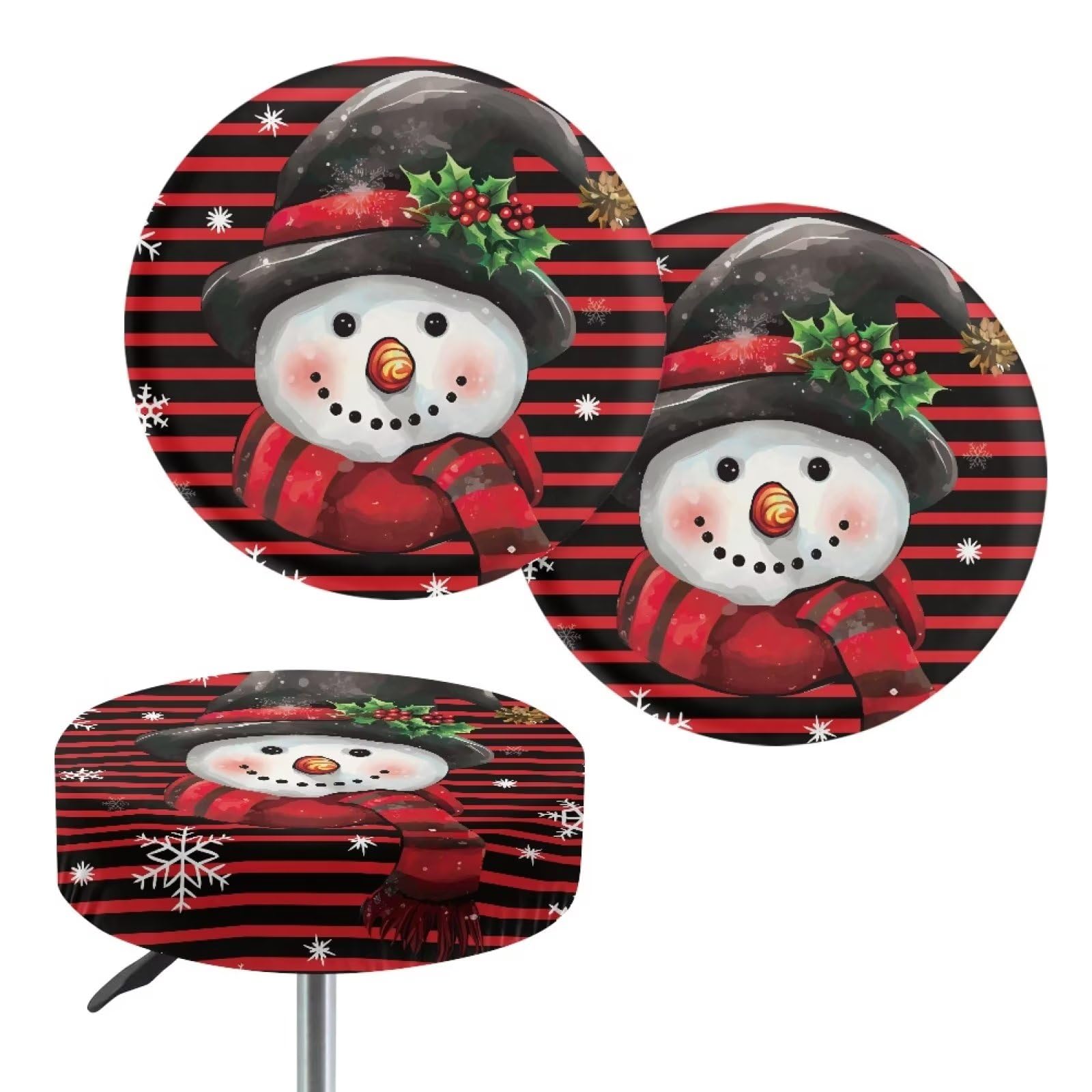 NETILGEN Stool Covers Round Elastic Fabric Washable Removable Anti-Slip Counter Stool Covers Stool Furniture Protective Cover 2 Pieces Set for Wooden Metal Stools, Snowman Red Stripes
