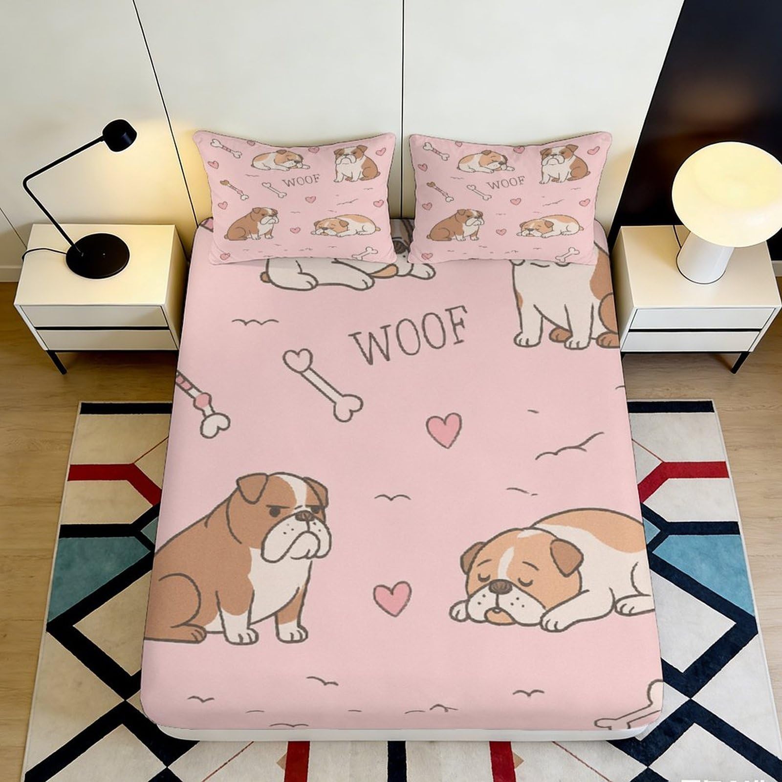 3D Printed Bulldog Dog Pattern Fitted Sheet Microfiber Pink Bed Cover Non Slip for Bedroom Dorm Mattress Decor 120x200cm 140x200x25cm