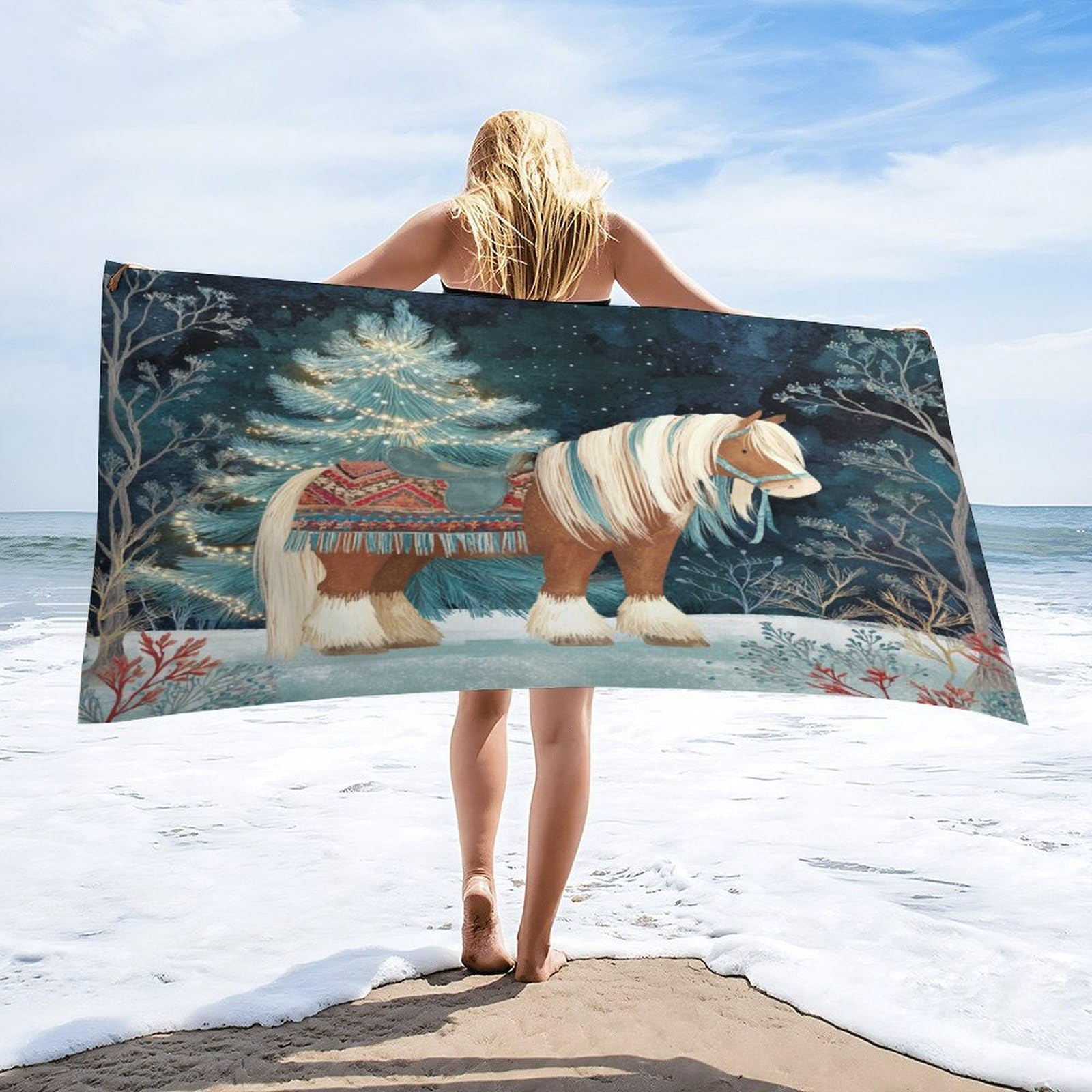 Luyysky Fantasy Rustic Wildlife Horse Absorbent Beach Towel, Mid Century Christmas Starry Sky Xmas Tree Cowboy Theme Wildlife Horse Outdoor Single-Sided Velvet Beach Towel-80 W Cm X 160" L Cm