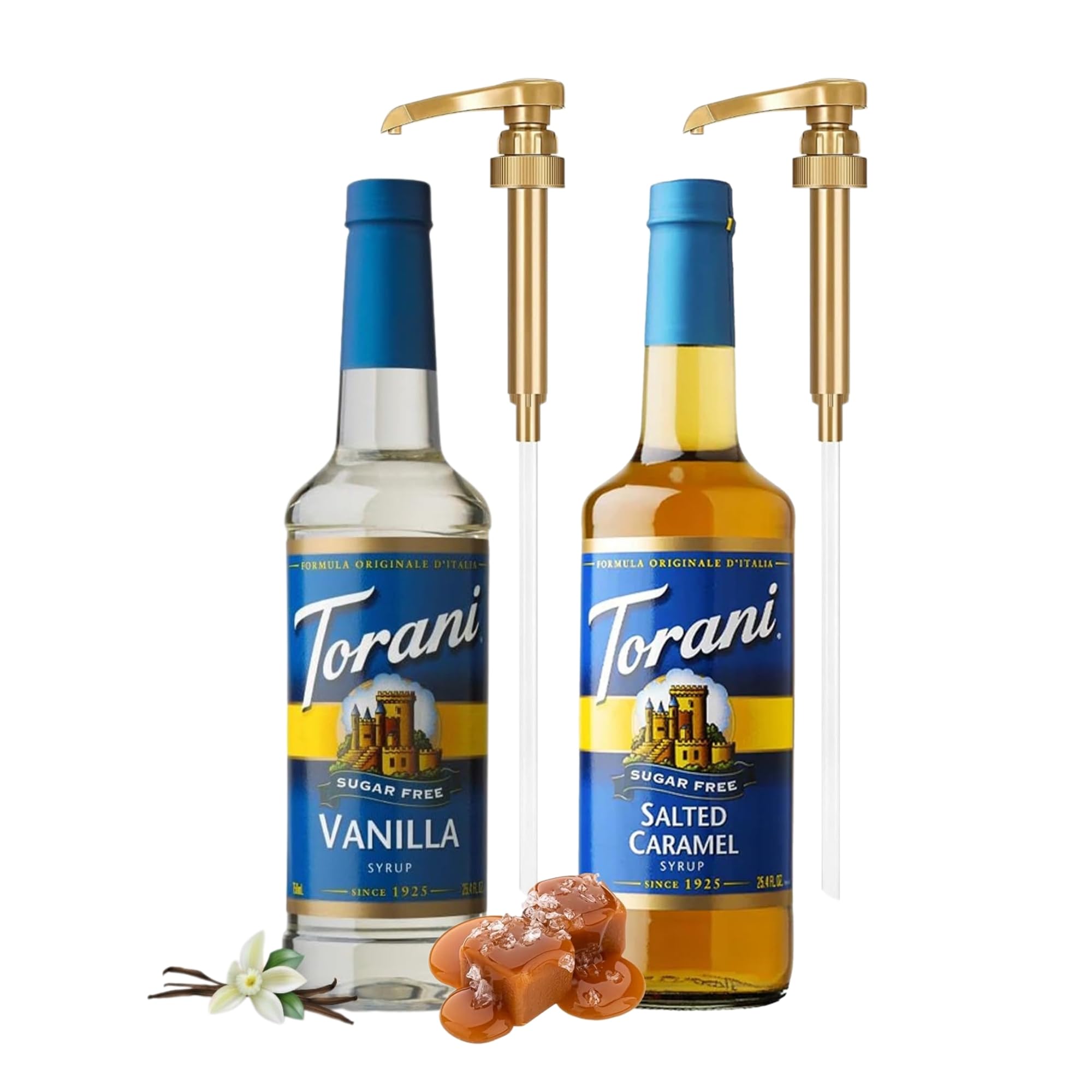 Torani Coffee Syrup Variety Pack – Sugar Free Vanilla and Salted Caramel Syrups for Coffee with 2 Syrup Pump Dispensers Compatible with 25.4 oz Bottles for Sugar Free Vanilla and Salted Caramel Flavors
