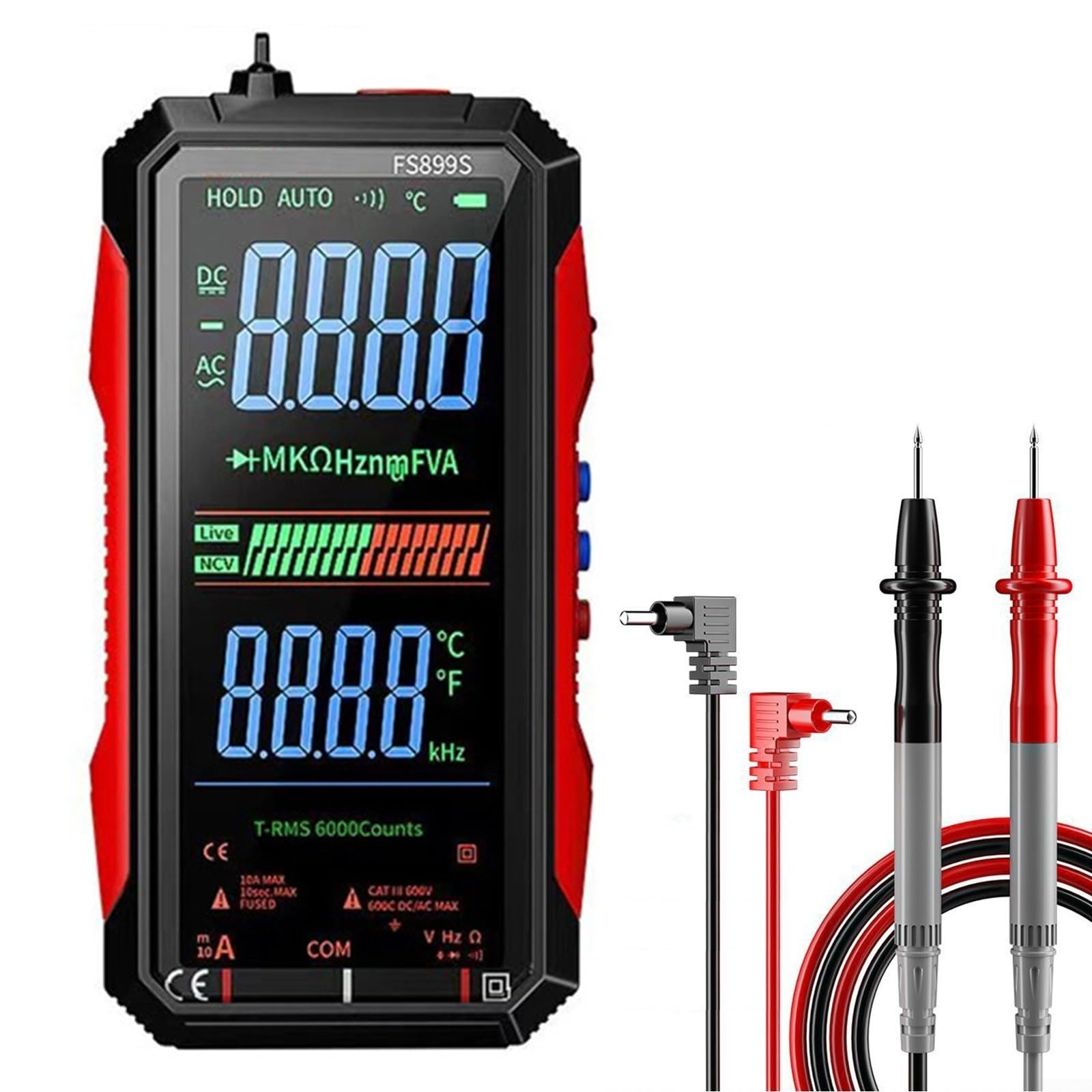 FS899S - Multímetro digital inteligente, recargable por USB, 6000 cuentas, detección NCV, gran pantalla a color, rango de coche, comprobador de voltaje CA/CC, con linterna LED para