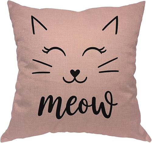 Moslion Funda de almohada decorativa con diseño de cara de gato, funda de almohada cuadrada de lino y algodón de 18 x 18 pulgadas, para sofá y