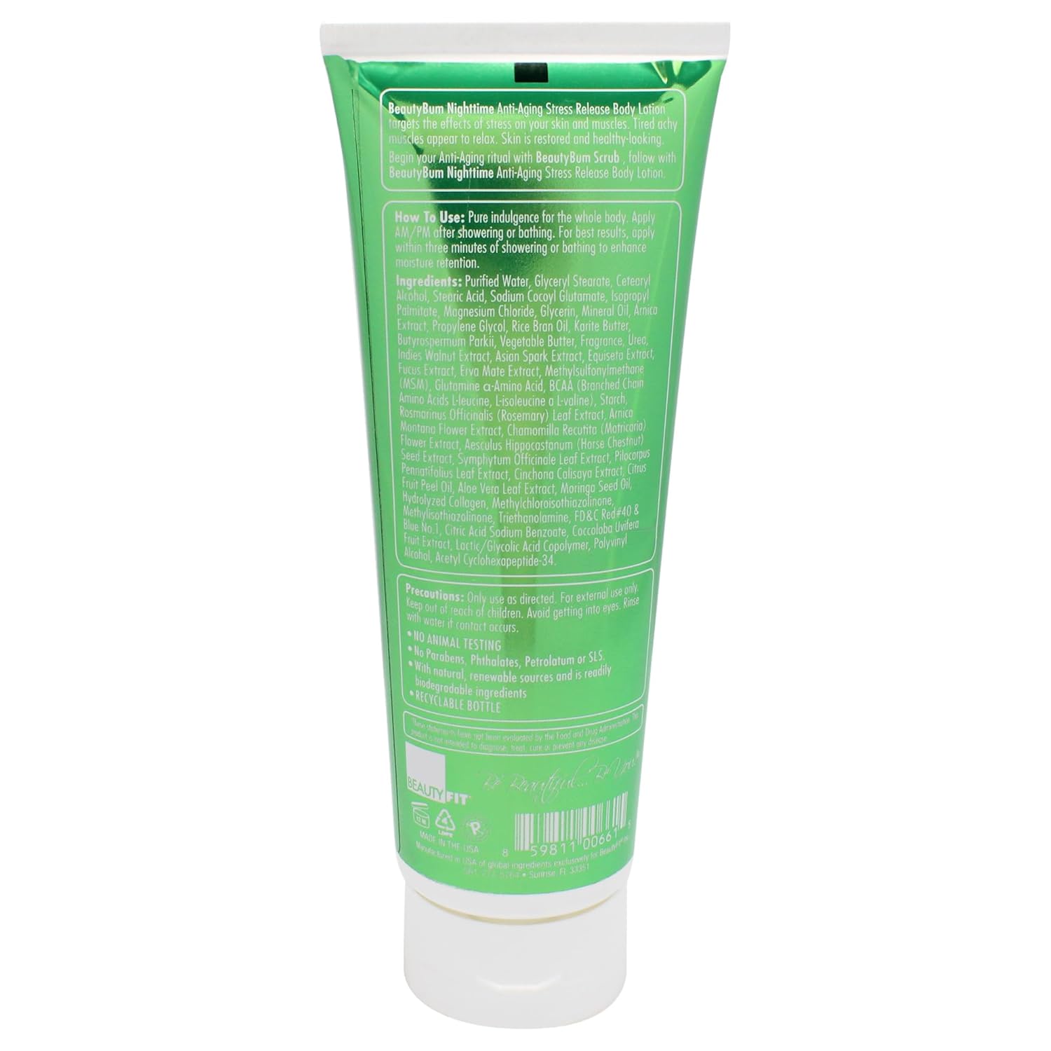 BeautyFit BeautyBum Nighttime Anti-Aging Stress Release Body Lotion - Helps Muscle Recovery - Moisturizes, Smoothes Skin - Tranquil Green Tea - 8 oz