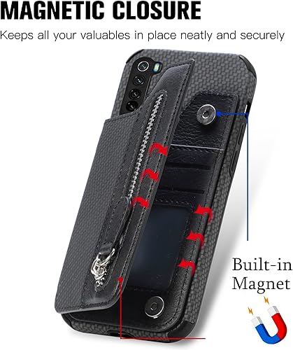 Miniatura 6 de Funda de teléfono para Xiaomi Redmi Note 8 Funda tipo cartera con protector de pantalla de vidrio templado y cremallera Soporte para tarjeta de