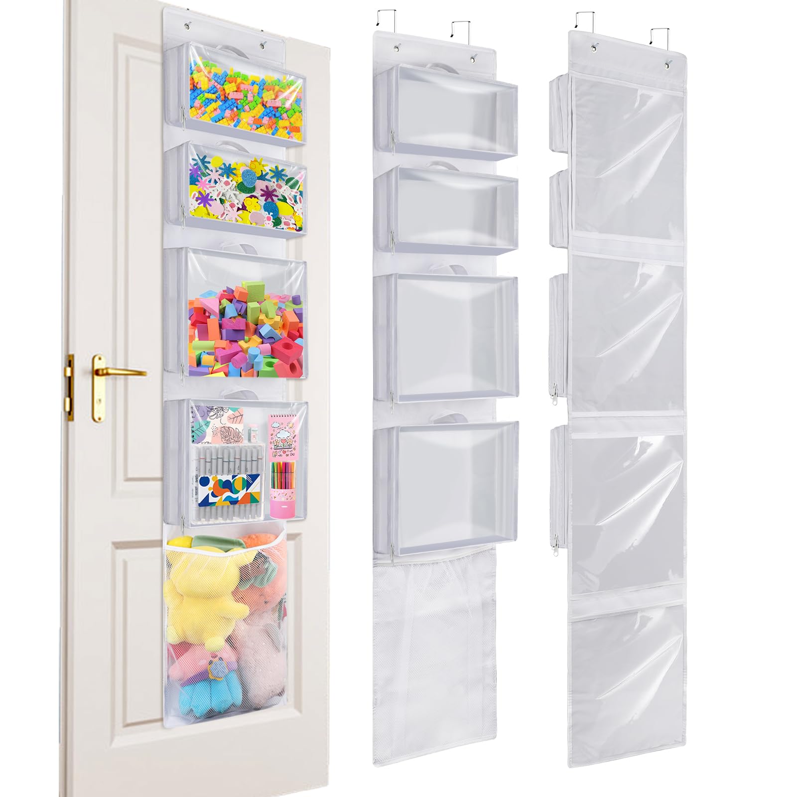 Woodoulogy Appesi il deposito dei giocattoli alla porta, Idea con 4 Case Bag rimovibili, due volte il portaoggetti con tasca di rete