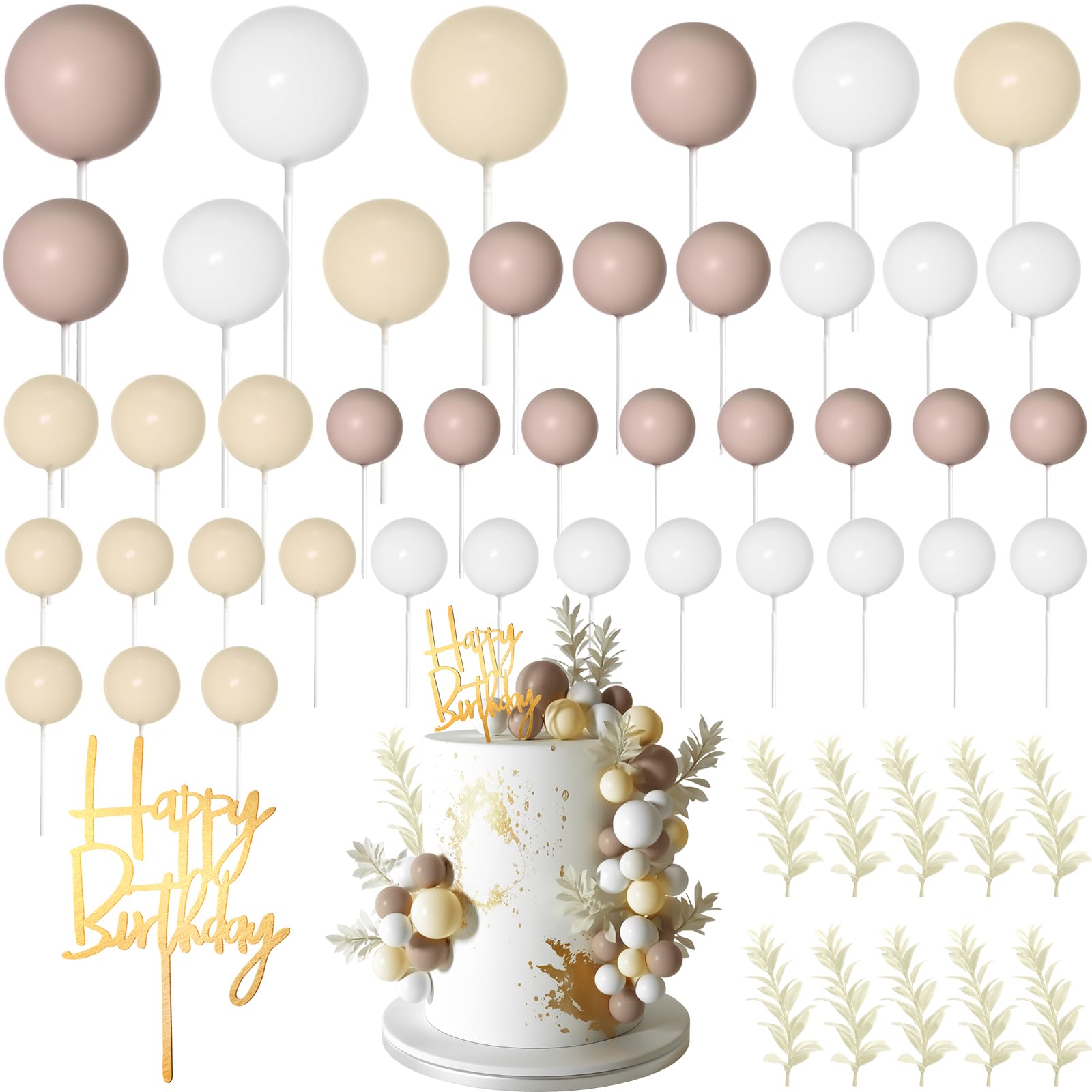 MIAHART Ball Cake Toppers Boho Grass Cake Topper Ball Cake Insert Decoration for Birthday Wedding Baby Shower Party Decorations Boho Themed Party Supplies（53pcs）