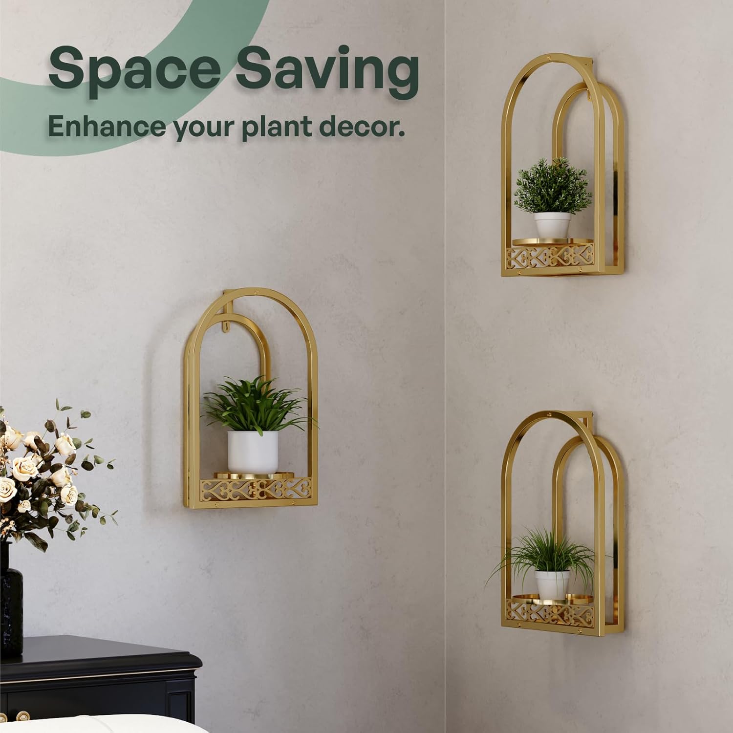 Wall Hanging Planters, Modern Iron Frame for Indoor/Outdoor Plants, Stylish Decor for Living Room, Garden, Patio 3 Pack Gold（No Light）