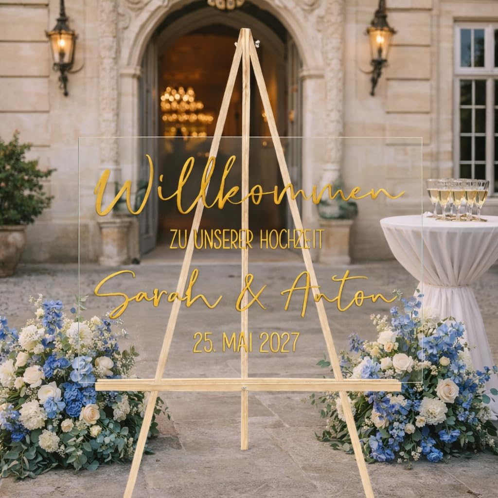 WILLKOMMENS-Schild für die Hochzeit personalisiert mit Namen des Brautpaares & Hochzeits-Datum Material: Acryl Farbe: transparent Druckfarbe Gold Größe A2 42,0cm x 59,4cm