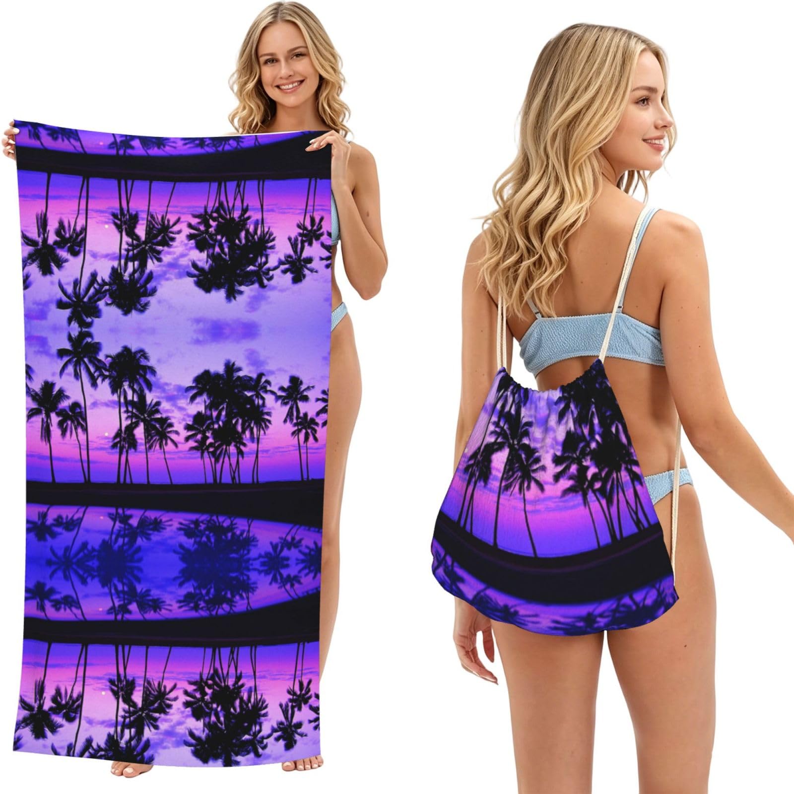 ESNAIUVCD Palm Tree Purple Sunset Print Beach Towel For Adults,Towel With Drawstring Bag, Travel Pool Swimming Sports Shower Sand Free Quick Dry Bath Towel For Pool, Beach, Yoga- 180x60cm