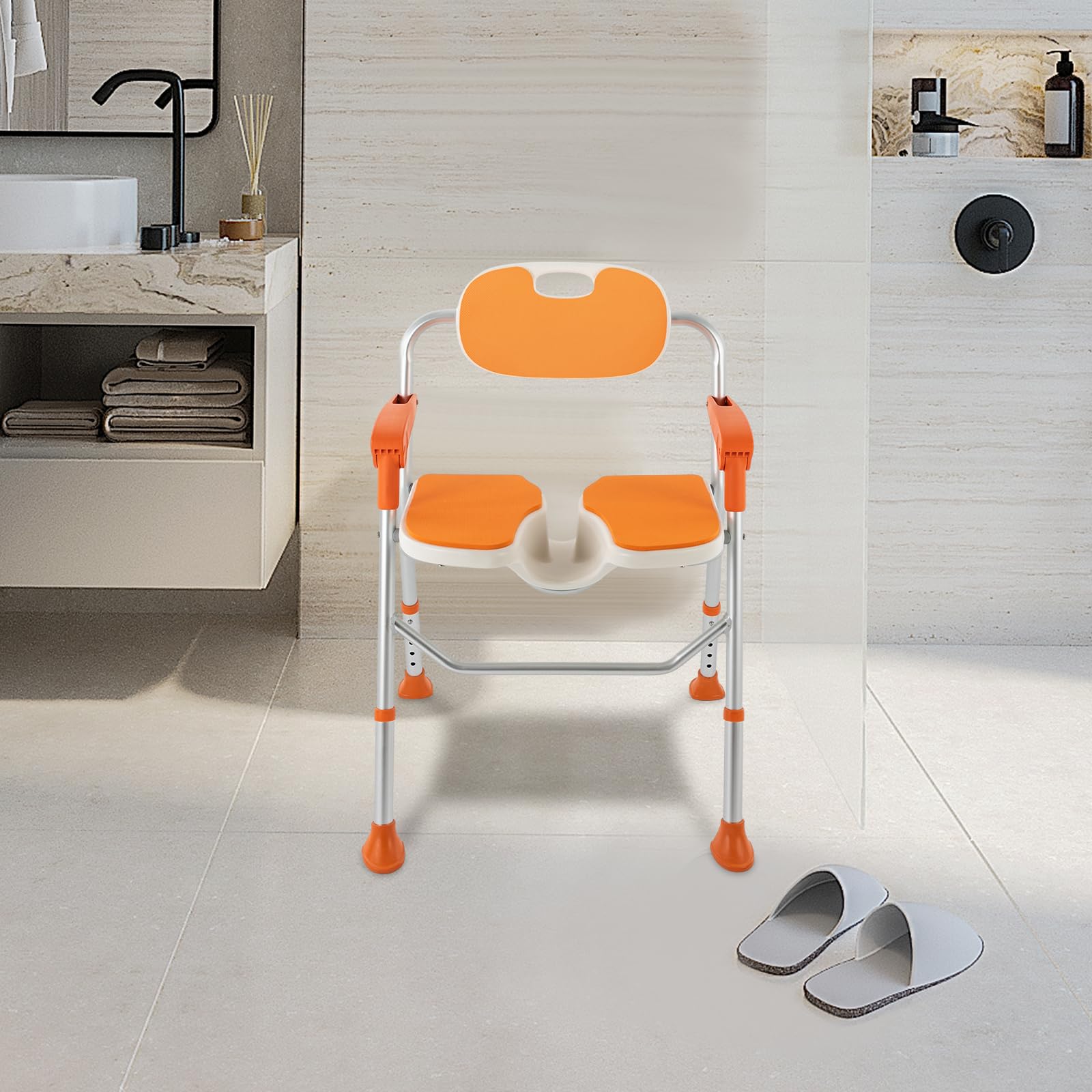 Silla de ducha con altura ajustable, puede usarse para hospitales, residencias de ancianos, centros de enfermería, color naranja