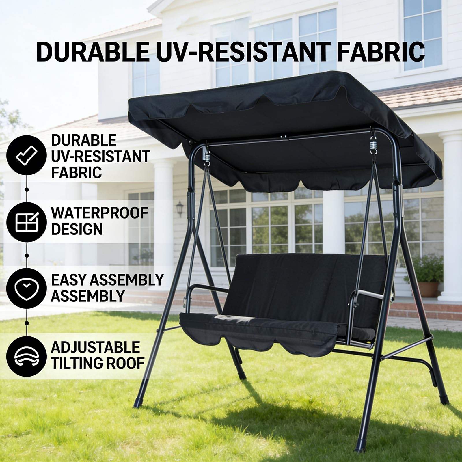 Toile de Balancelle de Jardin Extérieur, Toit de Rechange pour Balancelle 3 Places Imperméable Anti-UV, Multi-Tailles avec Bord Ondulé pour Terrasse Balcon 2/3Places(Black,249cm185cm20cm)