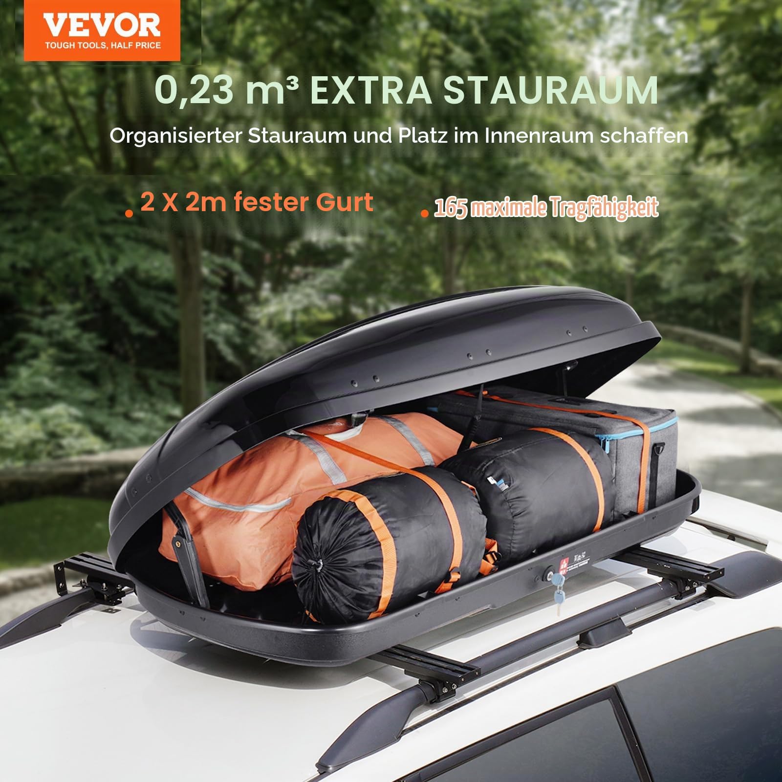 VEVOR Auto Dachbox Dachkoffer Aufbewahrungsbox 220 L, ABS-Hartschalen Dachgepäckträger Aufbewahrungsbox mit beidseitiger Öffnung und 2 verstärkten Gurten, Gepäckaufbewahrungsbox für SUVs Schwarz