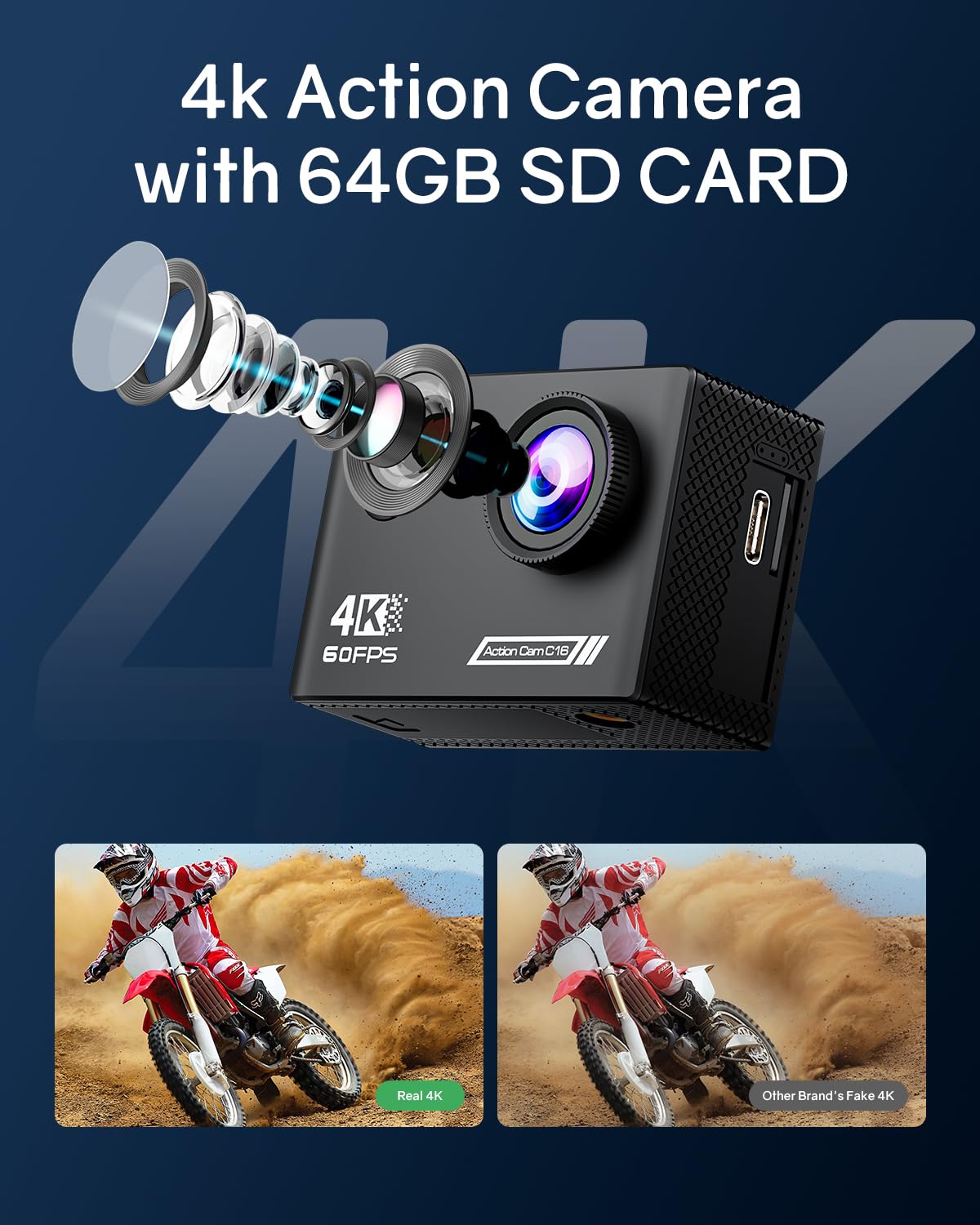 Cámara de acción 4K60FPS Impermeable 40 m, Tarjeta SD 64 GB, estabilización 6 Ejes, Zoom 8X, Mando a Distancia 2,4 GHz, Accesorios