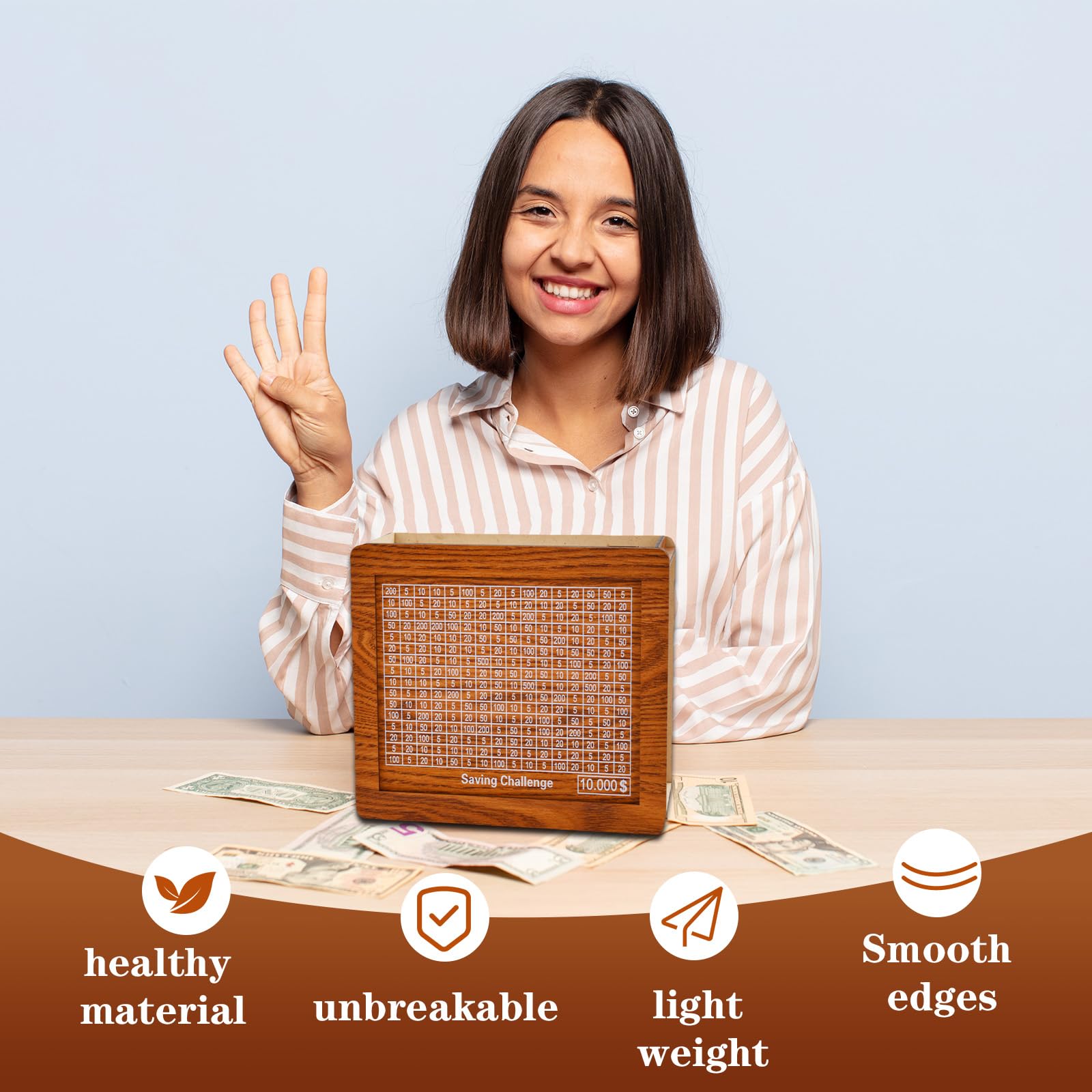 BUUFAN Piggy Bank for Kids Adults Wooden Money Saving Box with Built-in Challenge - Fun and Motivational Cash Saving Box for Kids and Adults Best Gift for Friends?$10000?