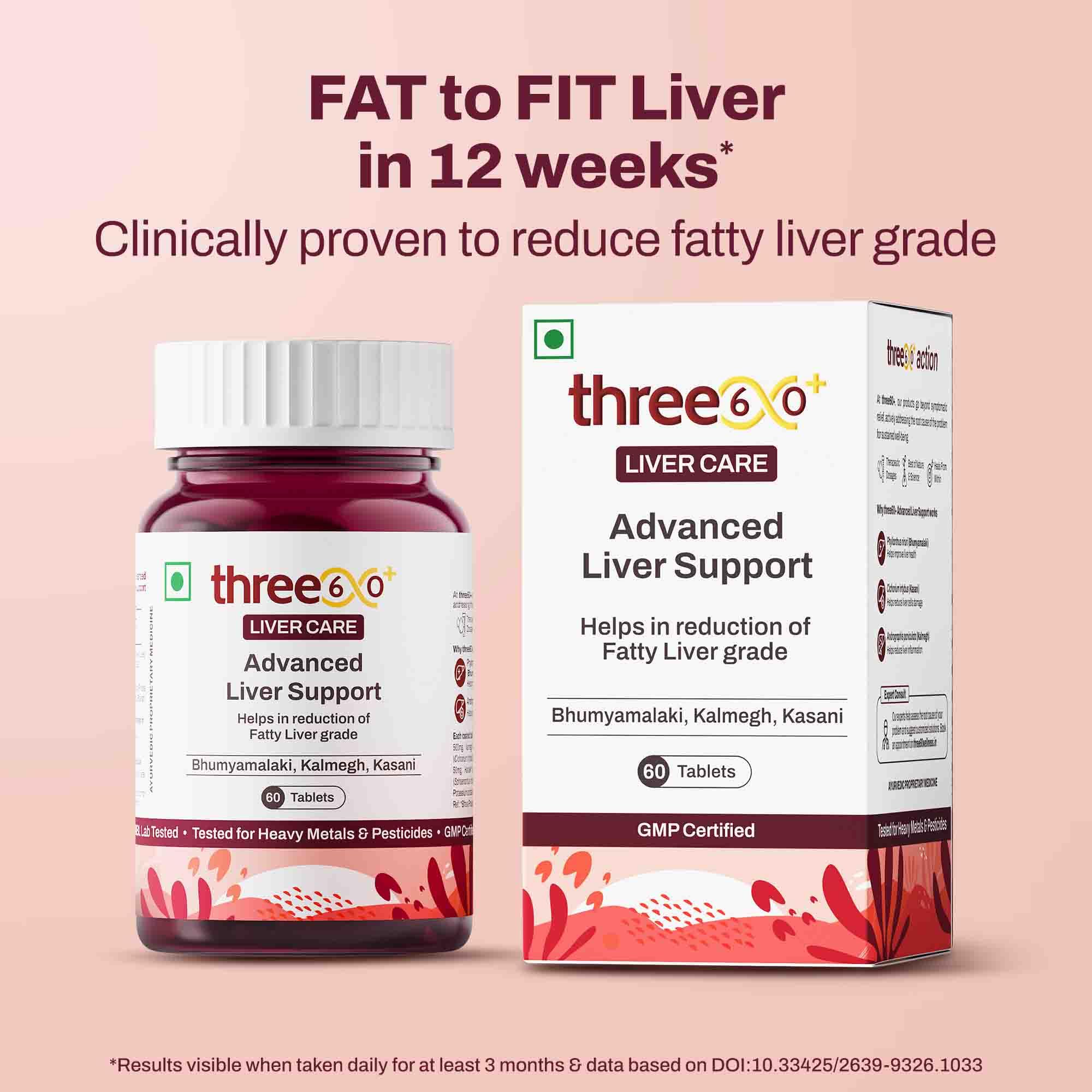 three60+ Advanced Liver Support Tablets | Daily Liver Detox & Fatty Liver Care | Clinically Proven Formula with Bhumiamalaki, Kalmegh & Kasani | Supports Liver Health & Alcohol Detox | 60 Tablet (Pack of 2) 1