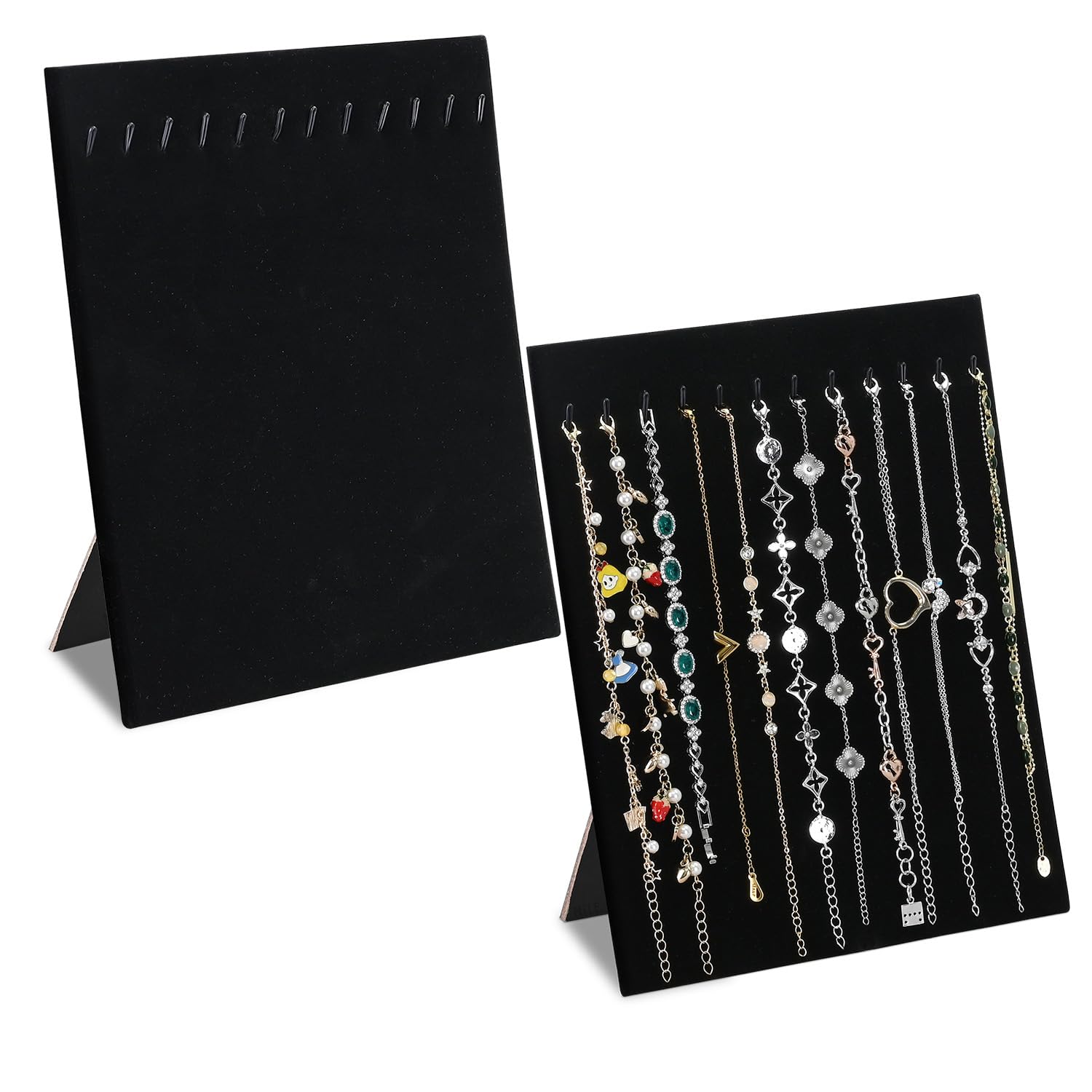 MOOCA 2 Pcs Set 12-Hook Bracelet Display with Easel Stand, Jewelry Display Organizer for Bracelets, for Vendor, Selling, 8W x 4.7D x 9.5H in, Black