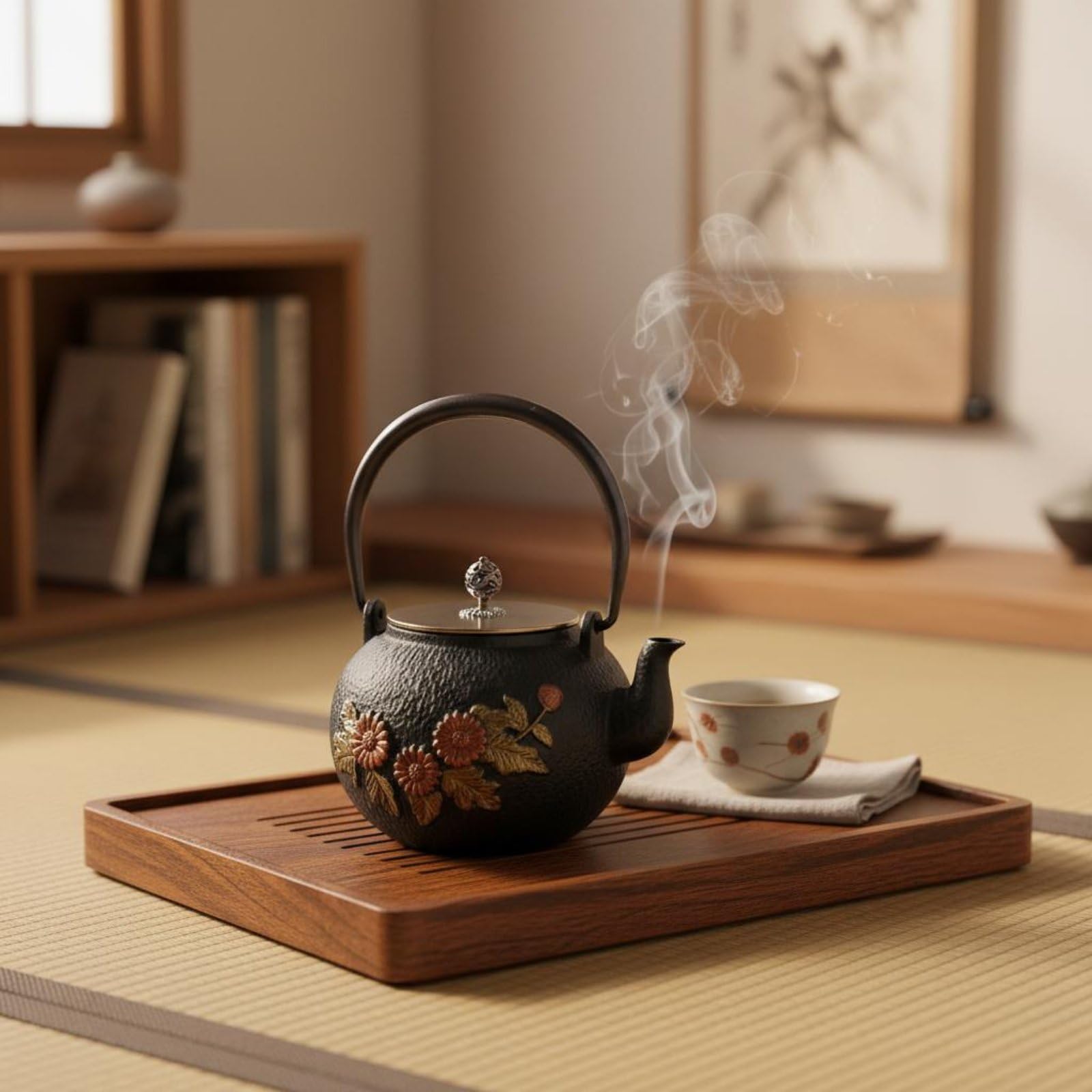 Colcolo Tetera de Hierro Fundido Japonesa Tetera Hervidor Caldera Jarra con Interior sin Esmaltar y Estética de del Té y Resiste el Uso Válida en Inducción y, 1.2 Flor De Peonía