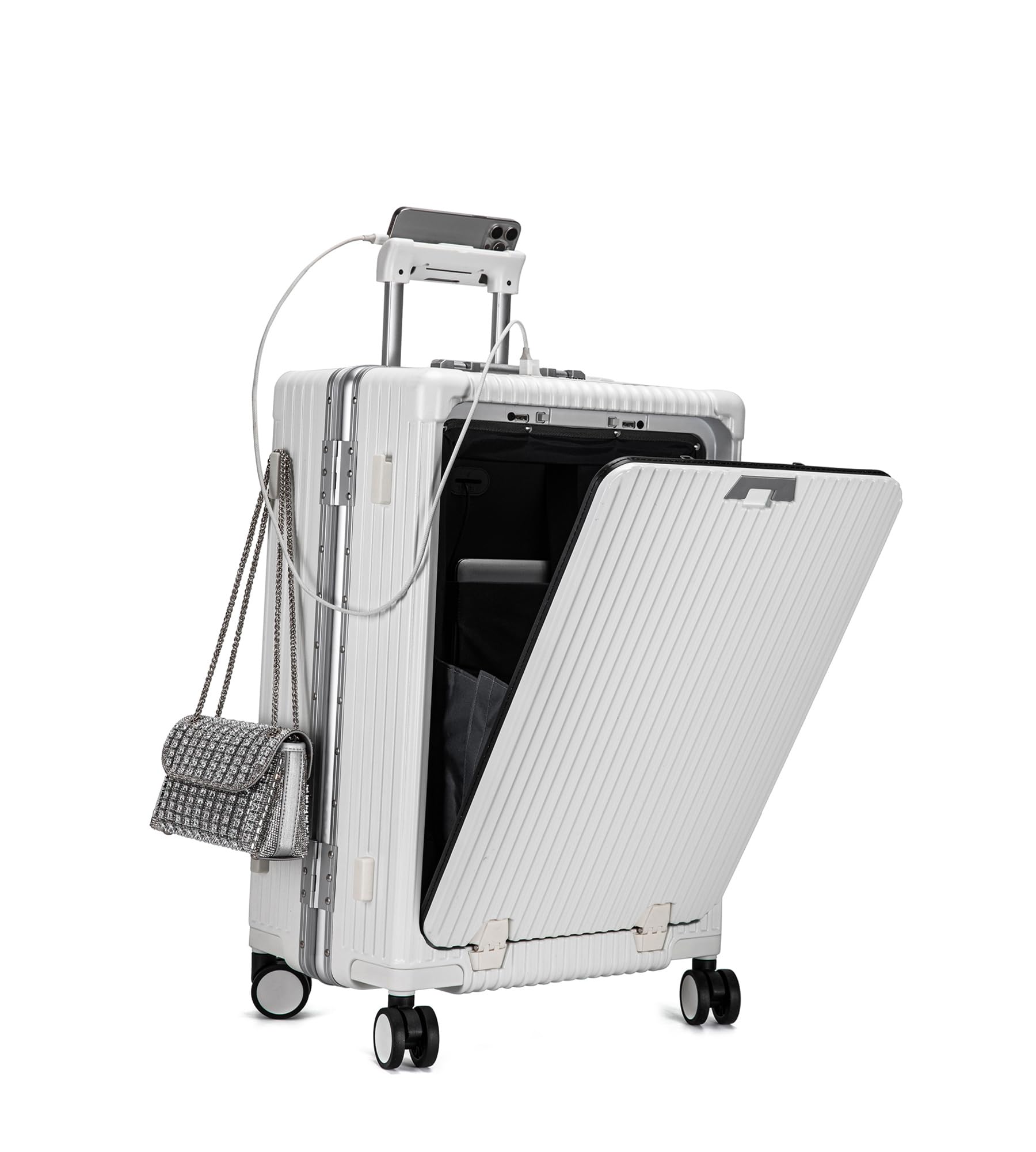 Aluminium Frame PC Hard Shell Spinner Wheels Luggage,20.8"X15"X8.7 Airline Approved Built-In TSA lock Carry on Suitcase, with Cup Holder, USB Port, Phone Holder