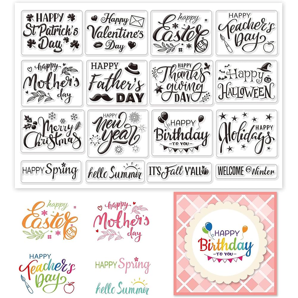 16pcs Word Clear Stamp for Card Making St. Patrick's Day Transparent Silicone Stamps Happy Easter Rubber Stamp Happy Birthday Blessing Words Clear Stamp for DIY Scrap-Booking Album