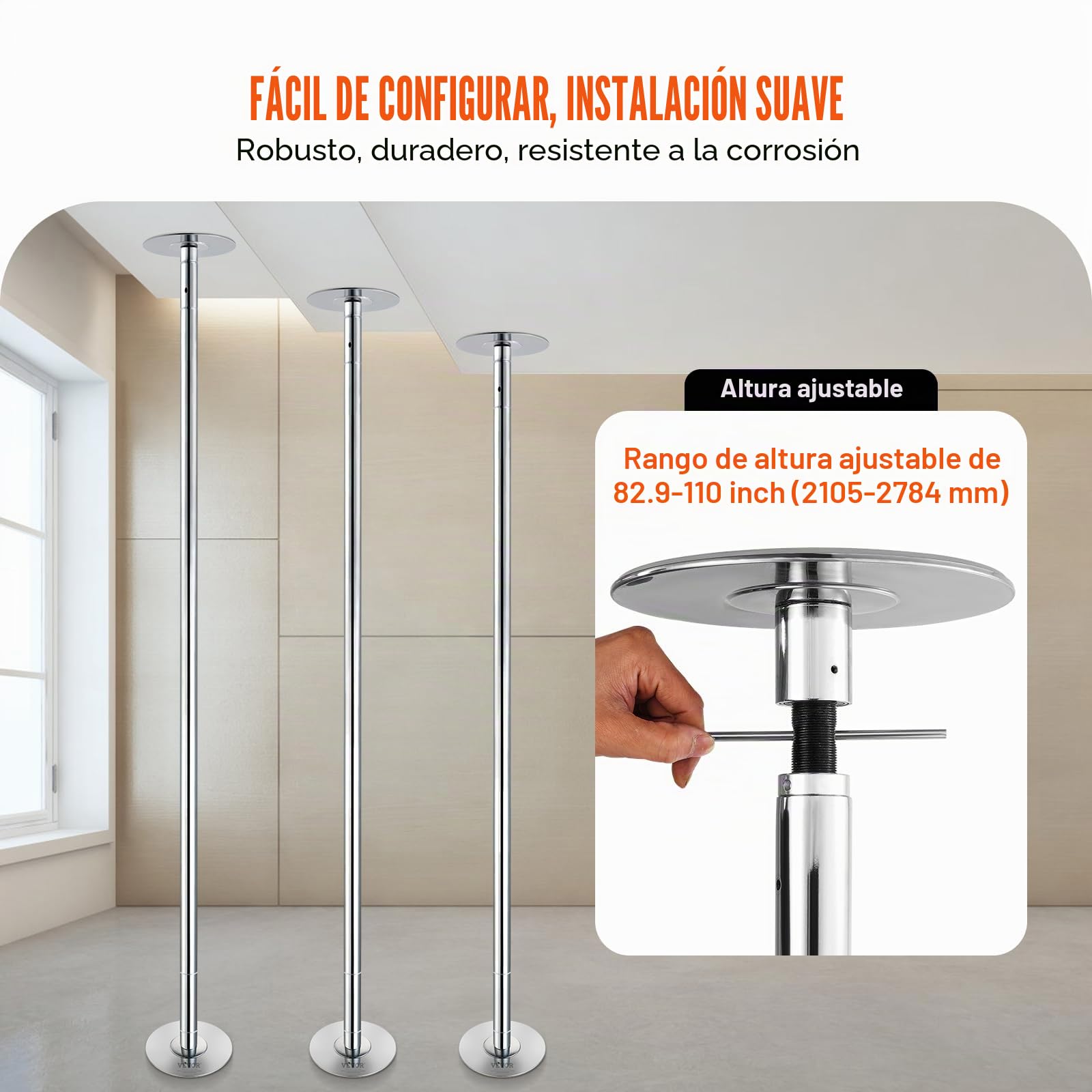 VEVOR Barra de Baile Profesional 2810x230 mm Barra de Baile Estática y Giratoria Kit de Danza en Barra Vertical Extraíble y Portátil Barra de Acero Inoxidable Resistente Altura Ajustable para Bar Club