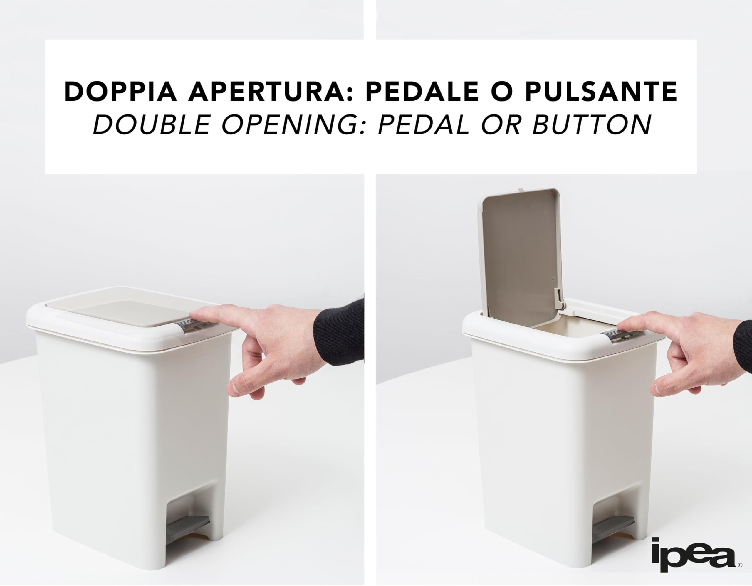 IPEA Cestino della Spazzatura in Plastica Piccolo - 6,5 Litri - Con Innovativa Doppia Apertura Pedale e Pulsante - Design Minimal ed Elegante - Pattumiera Rifiuti Casa, Cucina, Bagno - Grigio Chiaro
