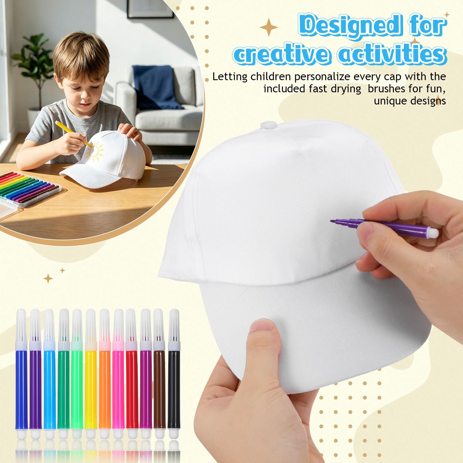 Housoutil 24 Gorras de Béisbol White con Marcadores de Pintura, Gorras de Béisbol en Blanco para Manualidades, White para Fiestas de Cumpleaños, Manualidades Y Actividades Al Aire Libre.