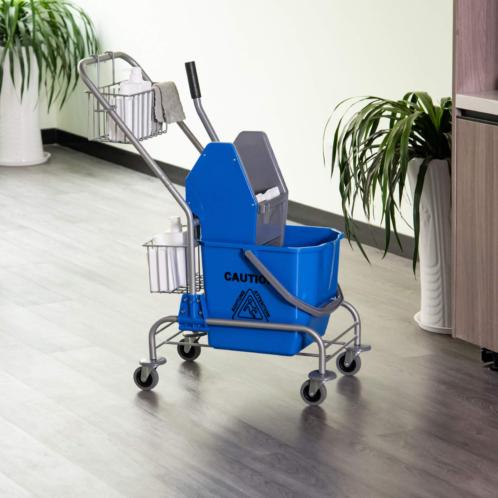 HOMCOM Cubo de Fregona 26 L Cubo Fregado Comercial con Escurridor de Presión hacia Abajo Ruedas y Cestas de Almacenamiento 73x45x95 cm Azul